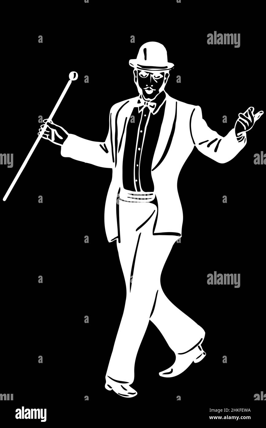 disegno vettoriale bianco e nero di un mago maschio in un tuxedo che indossa un cappello da bowler danzante Foto Stock