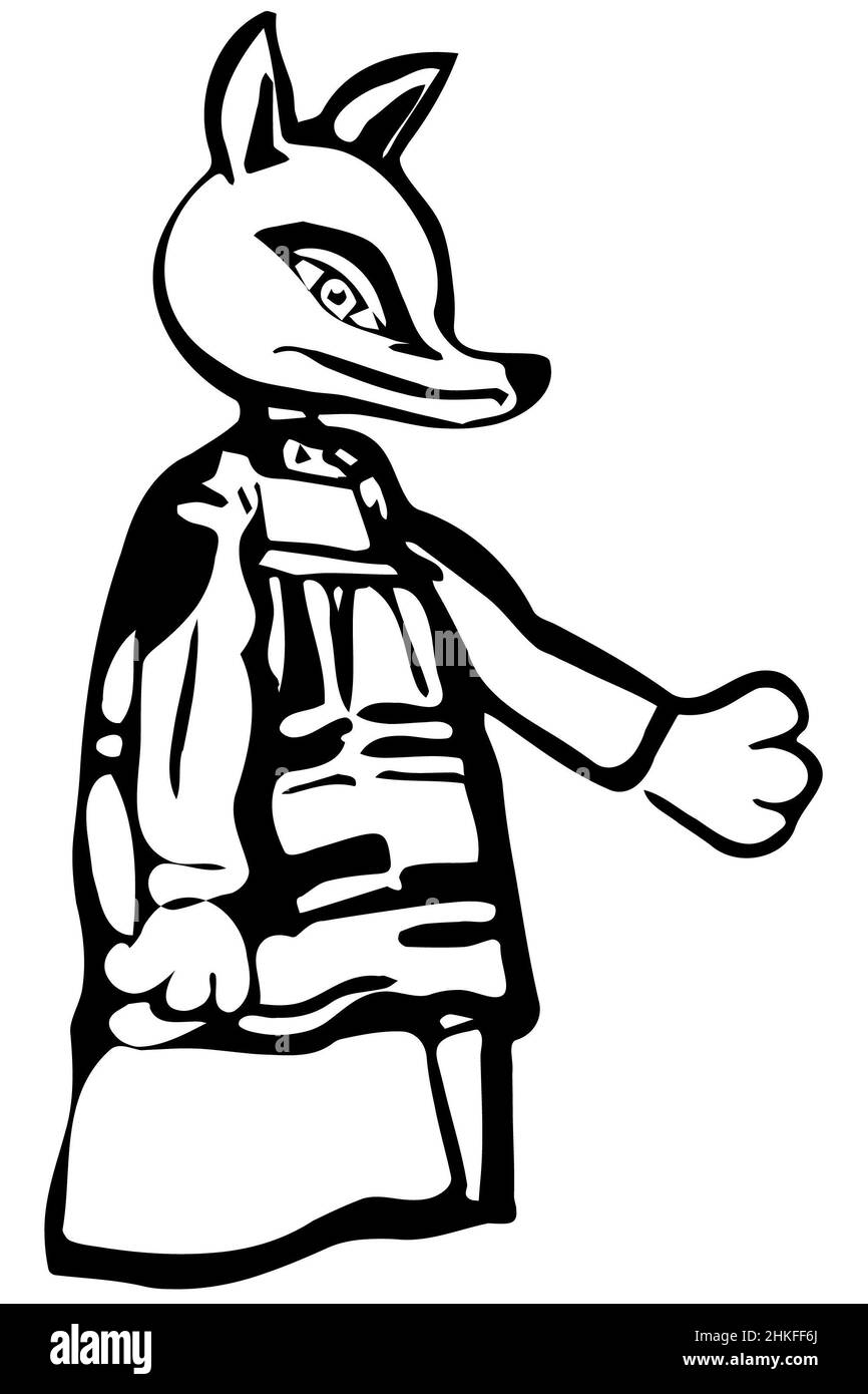disegno vettoriale bianco e nero di una volpe sly in un abito Foto Stock