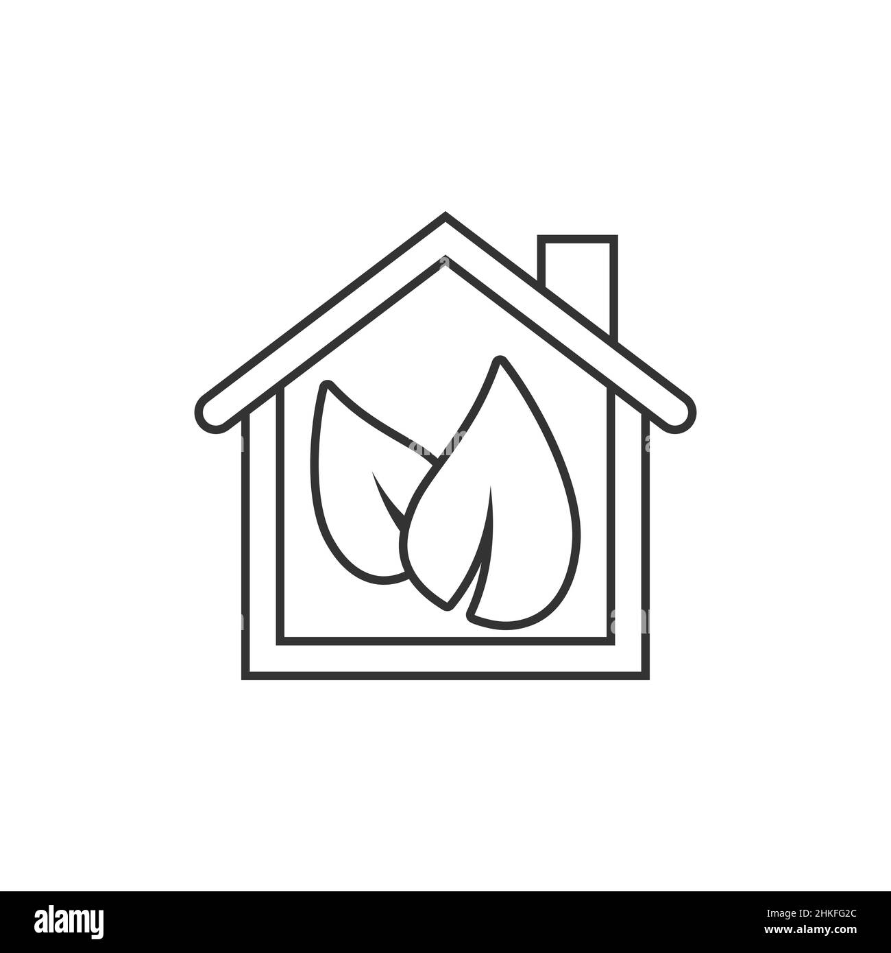 Casa con icona a foglia in stile appartamento. Illustrazione vettoriale del giardino dei fiori su sfondo bianco isolato. Ecologia segno business concetto. Illustrazione Vettoriale