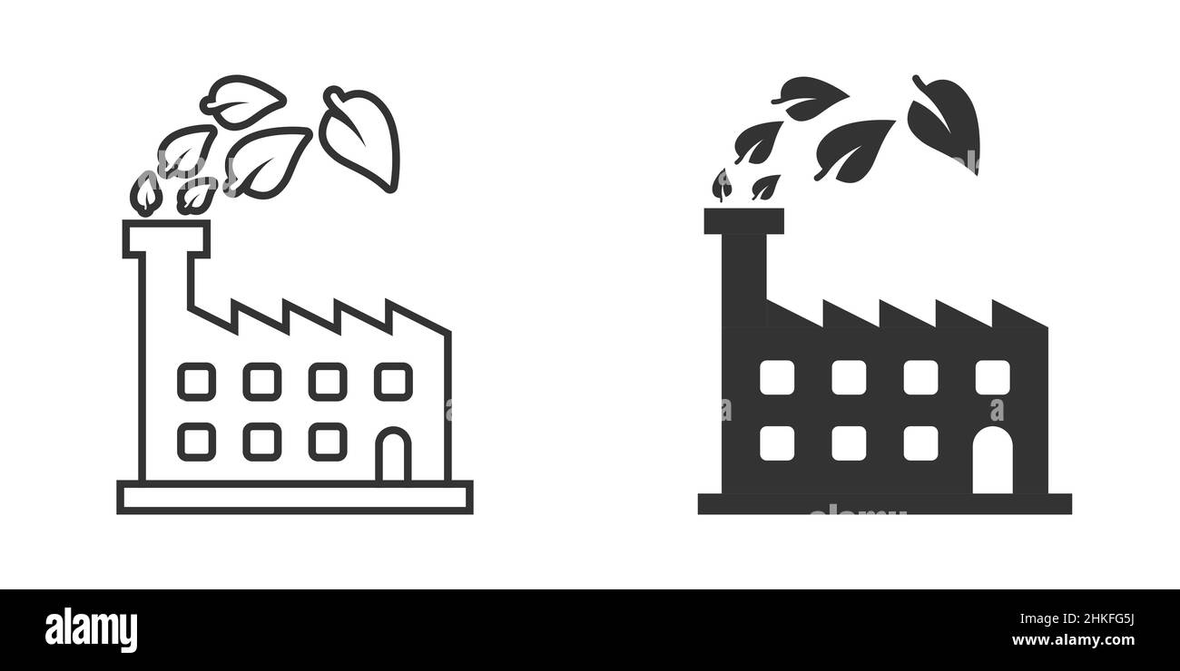 Icona ecologia di fabbrica in stile piatto. Illustrazione del vettore di piante ecologiche su sfondo bianco isolato. Concetto di business dell'industria della natura. Illustrazione Vettoriale