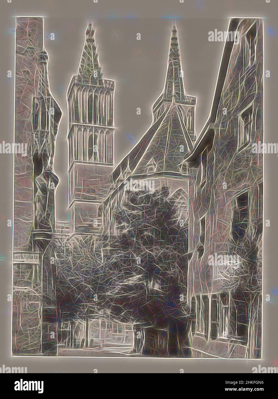 Ispirato dalla vista del Saint-Jakobs-Kirche Rothenburg ob der Tauber, Rothenburg ob der Tauber St. Jakobskirche - Chiesa di San Giacomo, Rothenburg ob der Tauber, c. 1940 - c. 1960, stampa in argento gelatina, altezza 92 mm x larghezza 69 mm, Reimagined by Artotop. L'arte classica reinventata con un tocco moderno. Design di calda e allegra luminosità e di raggi di luce. La fotografia si ispira al surrealismo e al futurismo, abbracciando l'energia dinamica della tecnologia moderna, del movimento, della velocità e rivoluzionando la cultura Foto Stock