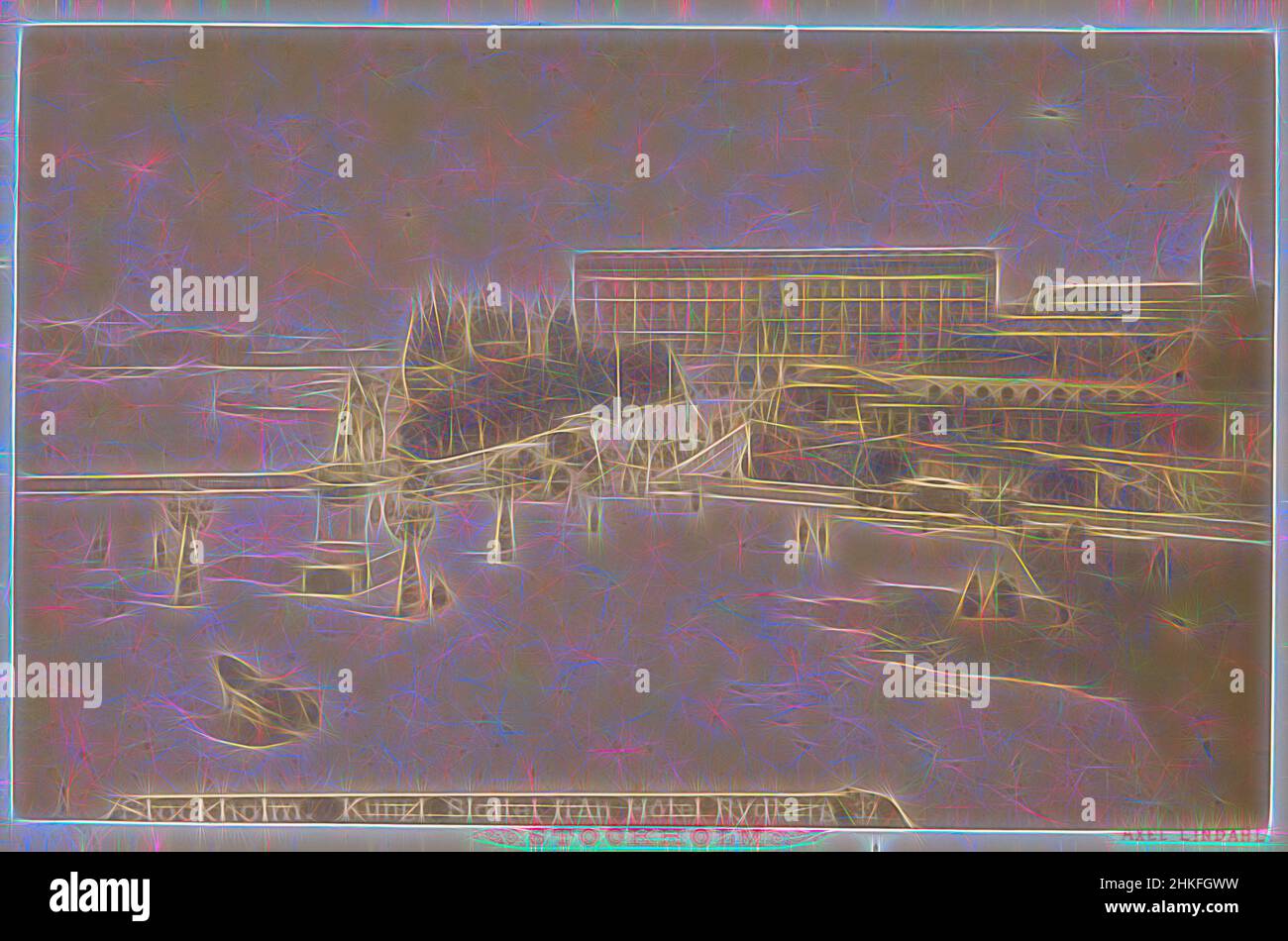 Ispirato dalla vista del Castello di Stockholms e dall'Hotel Rydberg a Stoccolma, Stoccolma. Kung. Slottet från Hôtel Rydberg, Axel Lindahl, Stoccolma, c.. 1890 - c. 1895, stampa albume, altezza 99 mm x larghezza 157 mm, reinventata da Artotop. L'arte classica reinventata con un tocco moderno. Design di calda e allegra luminosità e di raggi di luce. La fotografia si ispira al surrealismo e al futurismo, abbracciando l'energia dinamica della tecnologia moderna, del movimento, della velocità e rivoluzionando la cultura Foto Stock