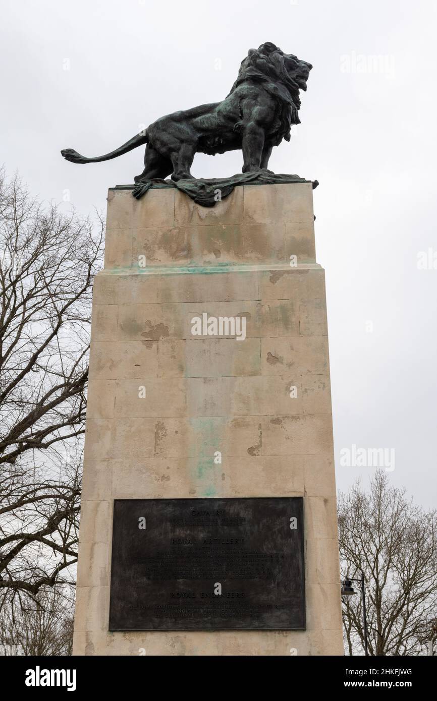 8th Division Memorial, The Lion Monument, su Queen's Avenue, Aldershot, Hampshire, REGNO UNITO. Un Leone di bronzo montato sul cenotafio di grado II elencato Foto Stock