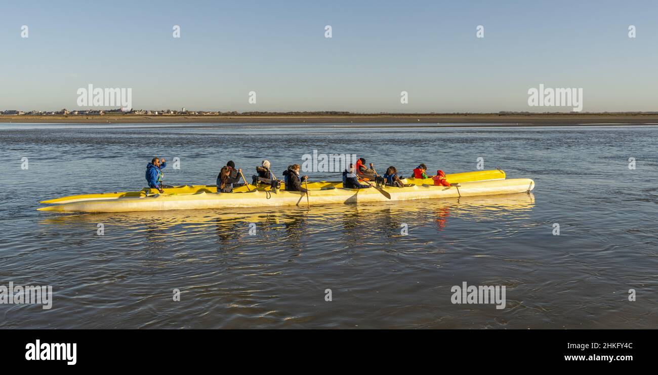 Francia, Somme, Baia della Somme, Saint-Valery-sur-Somme, Capo Hornu, canoa polinesiana (vaa'a) nel canale della Somme con turisti e guida naturale Foto Stock