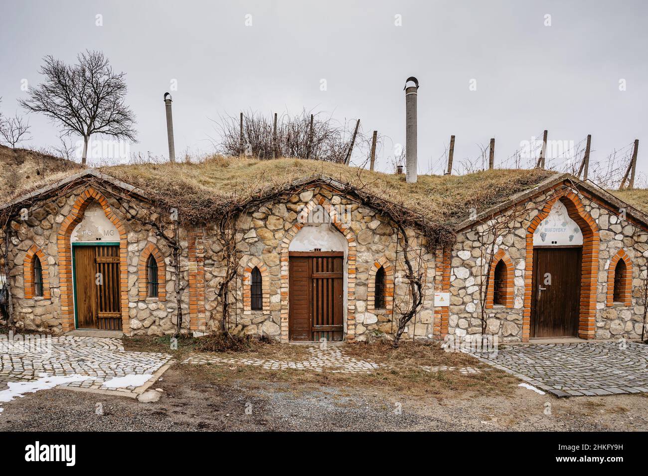 Vrbice, villaggio del vino in Moravia, Repubblica Ceca, con cantina vicolo.pietra edifici con sale stampa e cantina a volta lunga.piccole case di vino Foto Stock