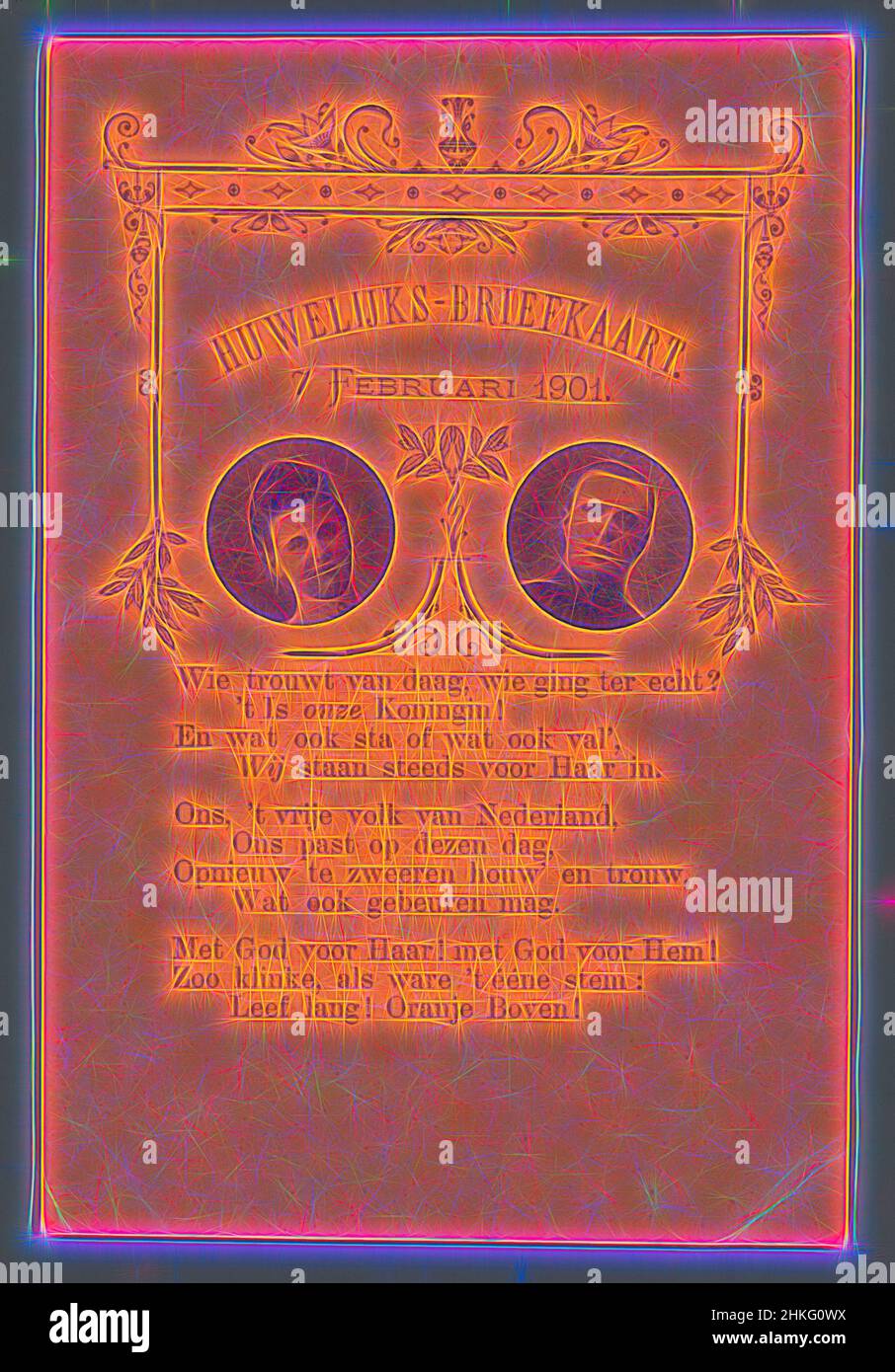 Ispirata alla cartolina di nozze, creatore:, 1901, altezza 142 mm x larghezza 94 mm, reinventata da Artotop. L'arte classica reinventata con un tocco moderno. Design di calda e allegra luminosità e di raggi di luce. La fotografia si ispira al surrealismo e al futurismo, abbracciando l'energia dinamica della tecnologia moderna, del movimento, della velocità e rivoluzionando la cultura Foto Stock