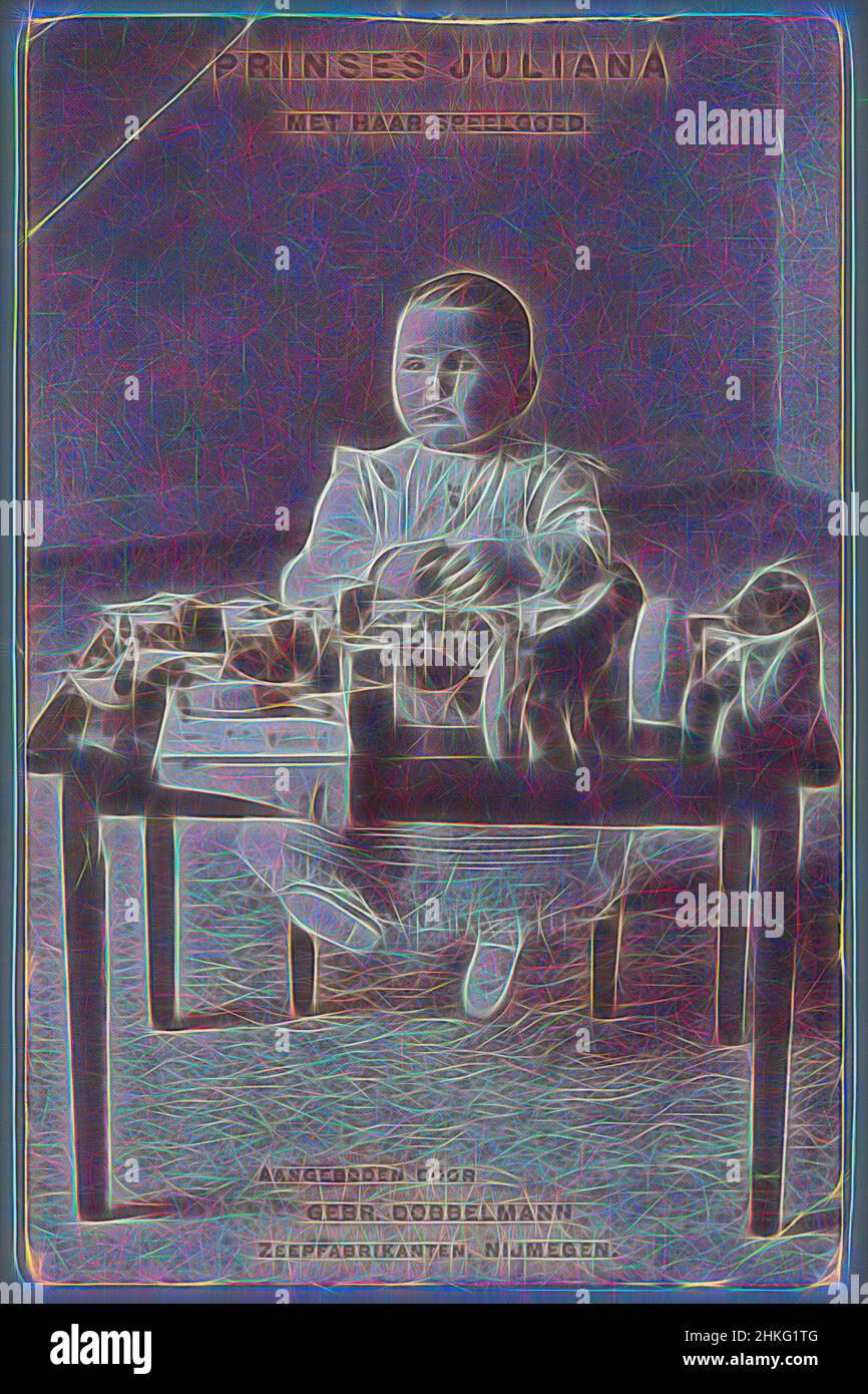 Ispirata dalla principessa Juliana con i suoi giocattoli, presentata da Gebr. Dobbelmann, produttore di sapone, Nijmegen, Paesi Bassi, 1911, Altezza 140 mm x larghezza 90 mm, reinventata da Artotop. L'arte classica reinventata con un tocco moderno. Design di calda e allegra luminosità e di raggi di luce. La fotografia si ispira al surrealismo e al futurismo, abbracciando l'energia dinamica della tecnologia moderna, del movimento, della velocità e rivoluzionando la cultura Foto Stock