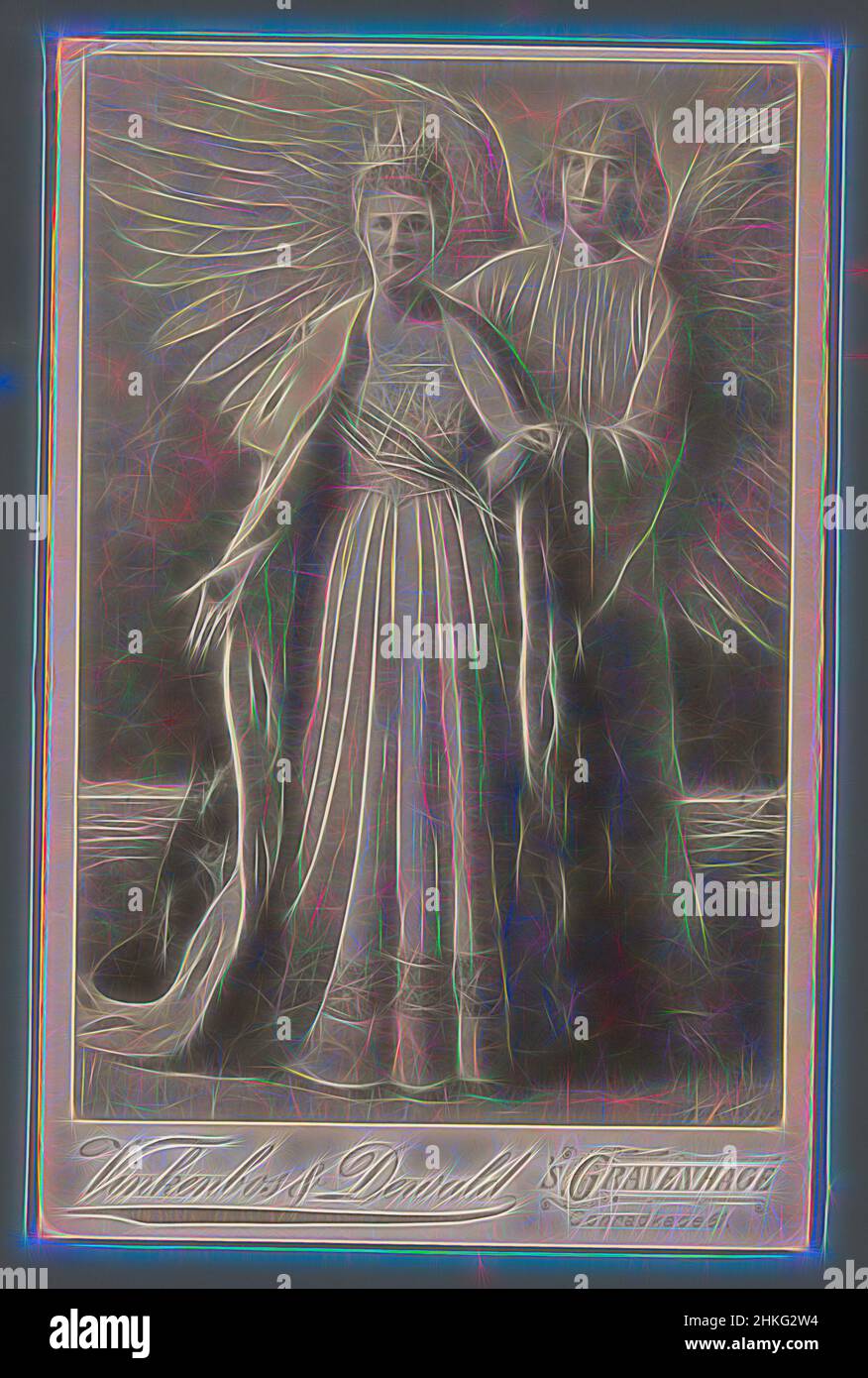 Ispirato alla riproduzione fotografica di un disegno della regina Wilhelmina presentato da un angelo dopo Carel Dake, Vinkenbos & Dewald, disegnatore intermedio: CAREL Lodewijk Dake, The Hague, 1898, altezza 166 mm x larghezza 107 mm, reinventato da Artotop. L'arte classica reinventata con un tocco moderno. Design di calda e allegra luminosità e di raggi di luce. La fotografia si ispira al surrealismo e al futurismo, abbracciando l'energia dinamica della tecnologia moderna, del movimento, della velocità e rivoluzionando la cultura Foto Stock