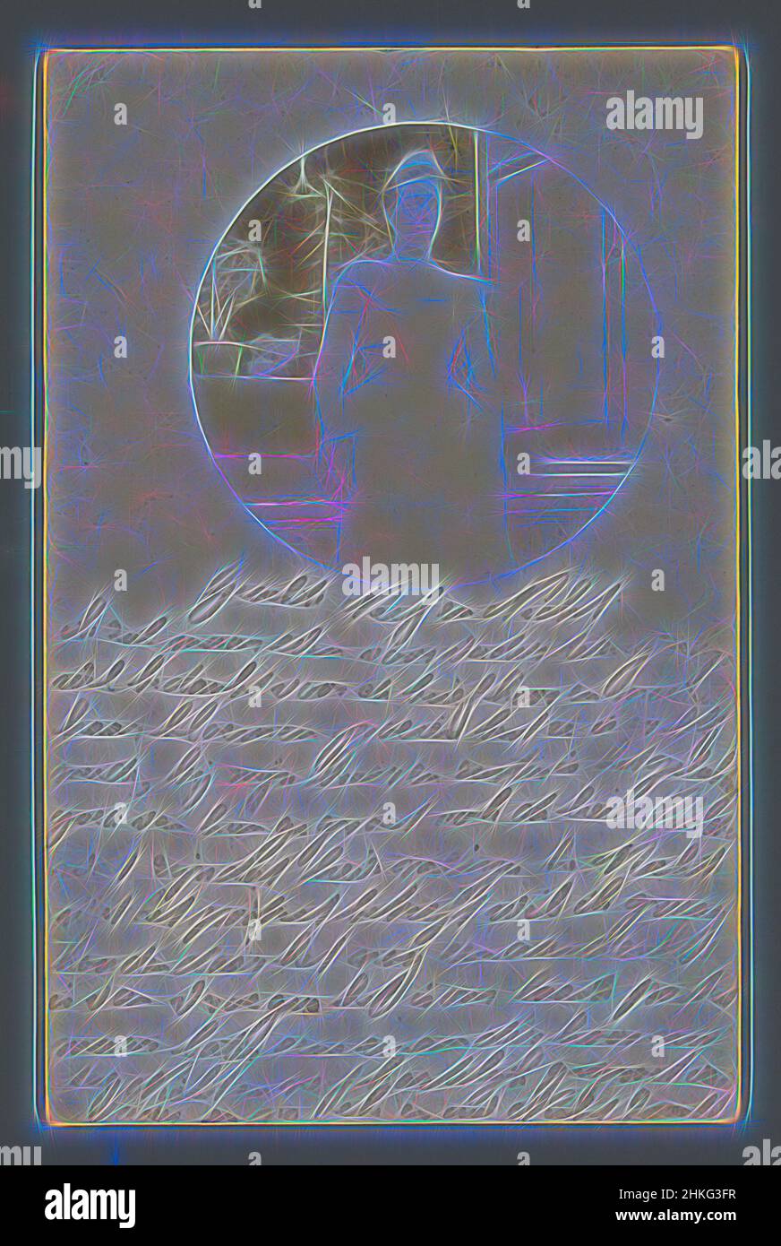 Ispirato da Ritratto di una donna sconosciuta, Paesi Bassi, c.. Gen-1902 - prima del 10-Nov-1902, stampa in argento gelatina, altezza 59 mm x larghezza 59 mm, reinventata da Artotop. L'arte classica reinventata con un tocco moderno. Design di calda e allegra luminosità e di raggi di luce. La fotografia si ispira al surrealismo e al futurismo, abbracciando l'energia dinamica della tecnologia moderna, del movimento, della velocità e rivoluzionando la cultura Foto Stock