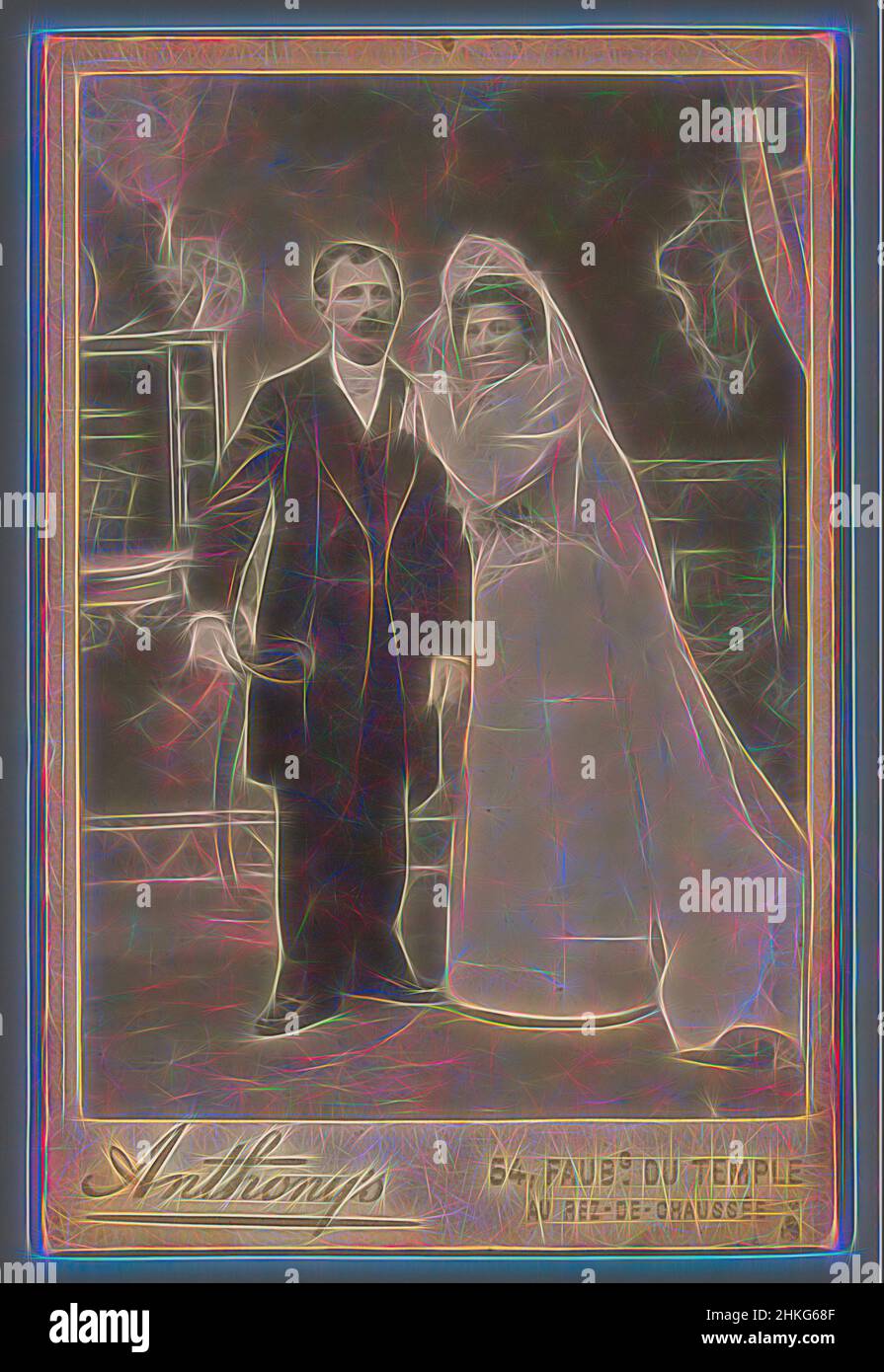 Ispirato dal Ritratto di una coppia nuziale sconosciuta, Anthony's, Paris, c.. 1870 - c. 1910, altezza 140 mm x larghezza 97 mm, reinventato da Artotop. L'arte classica reinventata con un tocco moderno. Design di calda e allegra luminosità e di raggi di luce. La fotografia si ispira al surrealismo e al futurismo, abbracciando l'energia dinamica della tecnologia moderna, del movimento, della velocità e rivoluzionando la cultura Foto Stock