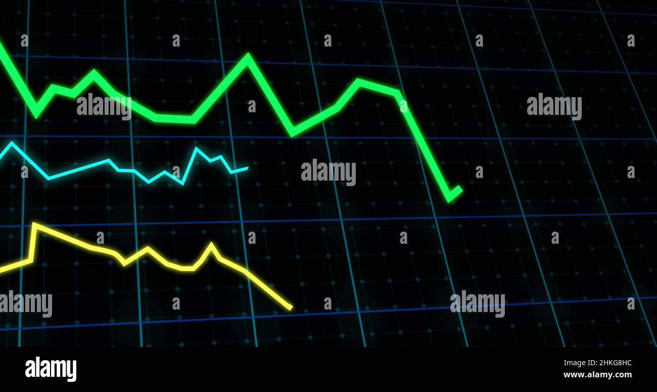 Immagine del tracciamento delle linee e dell'elaborazione dei dati finanziari su sfondo nero Foto Stock