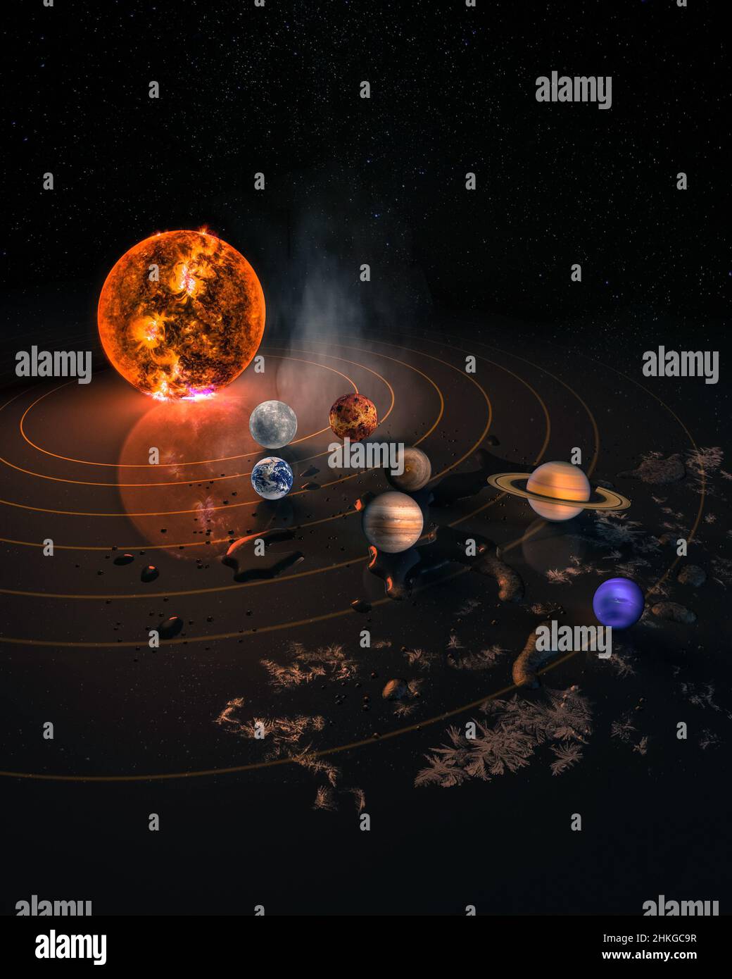 Sistema solare otto pianeti. Mercurio, Venere, pianeta Terra, Marte, Giove, Saturno, Urano, Nettuno. Background scientifico e educativo. Elementi di questo i Foto Stock