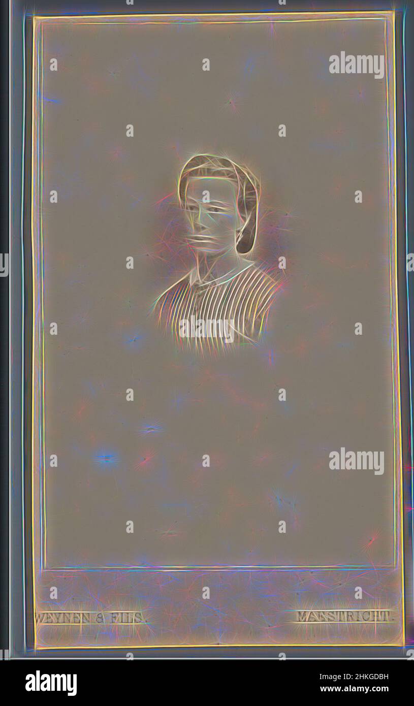 Ispirato dal Ritratto di una donna sconosciuta, Pierre Weynen & Fils, Maastricht, 1854 - 1865, carta, stampa albume, Altezza 102 mm x larghezza 59 mm, reinventata da Artotop. L'arte classica reinventata con un tocco moderno. Design di calda e allegra luminosità e di raggi di luce. La fotografia si ispira al surrealismo e al futurismo, abbracciando l'energia dinamica della tecnologia moderna, del movimento, della velocità e rivoluzionando la cultura Foto Stock