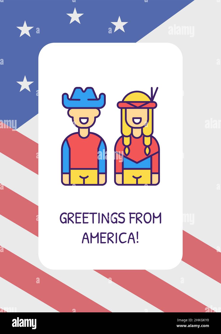 Benvenuto in USA biglietto d'auguri con elemento icona a colori Illustrazione Vettoriale