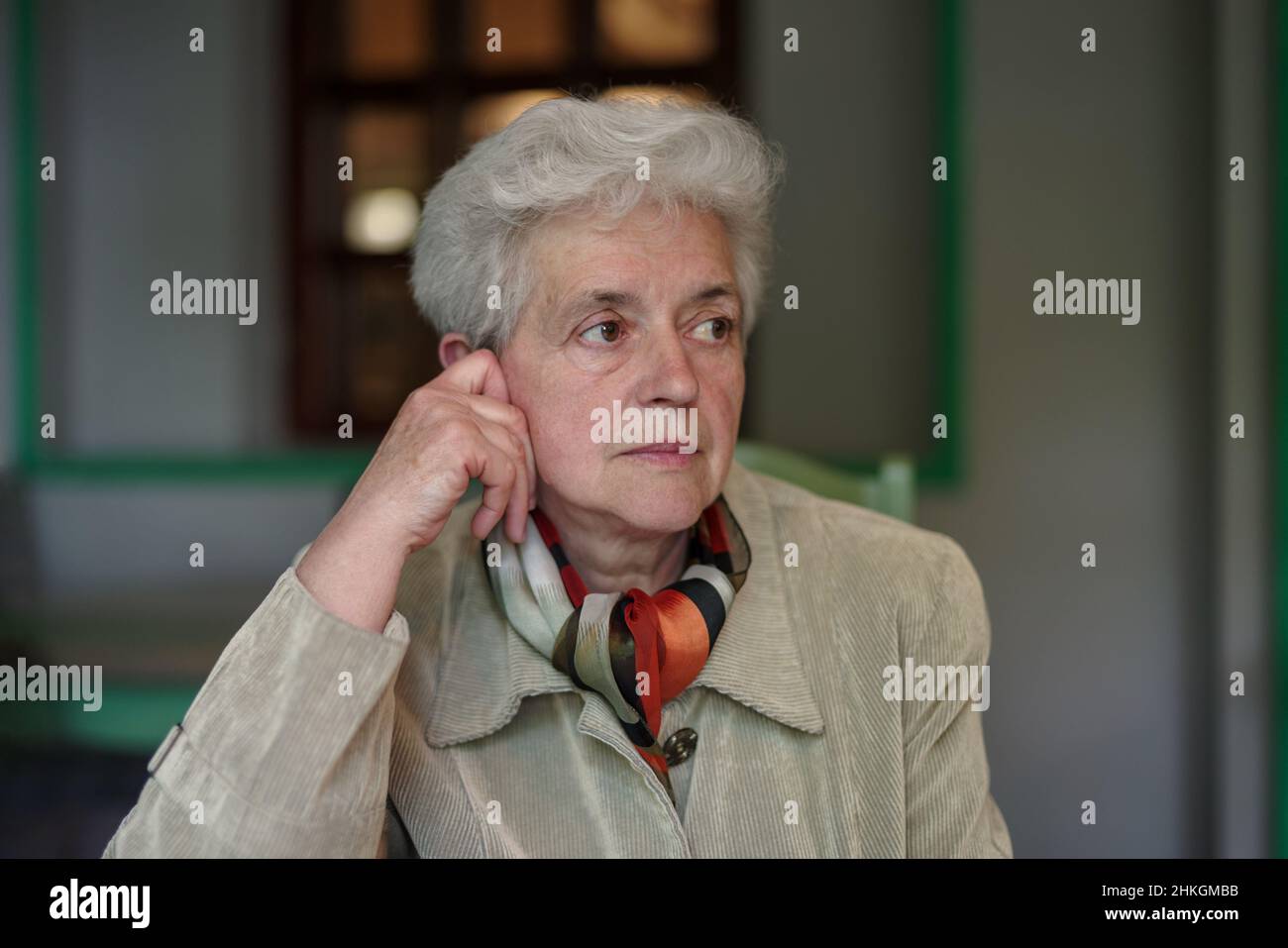 Ritratto di donna anziana con capelli grigi Foto Stock