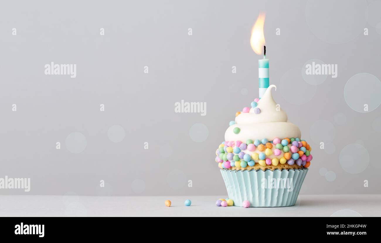 Cupcake di compleanno con spolverini color pastello e una candela torta di compleanno su sfondo grigio con copyspace a lato Foto Stock