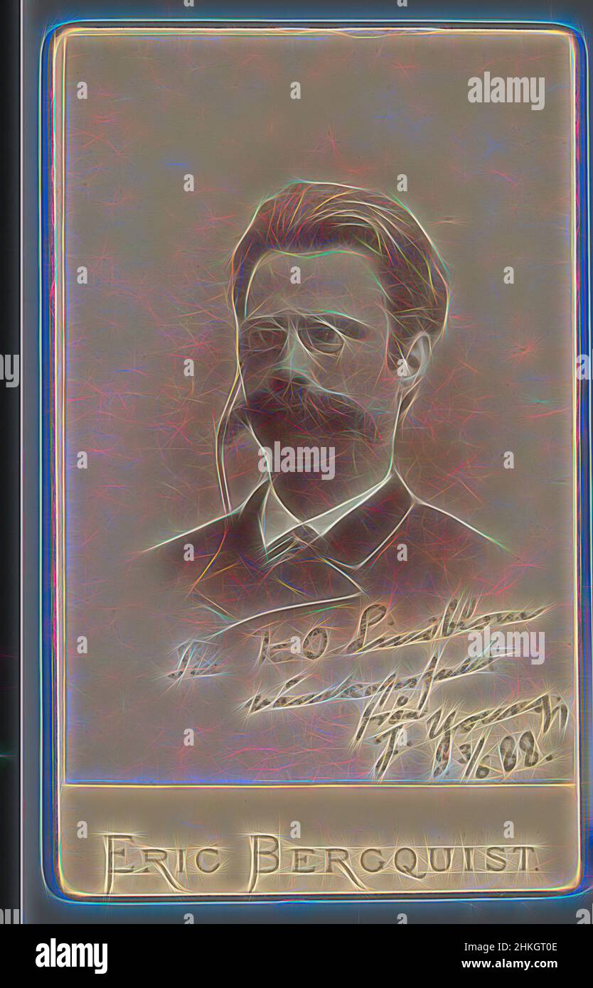 Ispirato dal Ritratto di un uomo con occhiali e baffi, noto come K. O. Lindblom, Eric Bergquist, Örebro, 3-Jun-1888, carta, Stampa albume, altezza 104 mm x larghezza 63 mm, reinventata da Artotop. L'arte classica reinventata con un tocco moderno. Design di calda e allegra luminosità e di raggi di luce. La fotografia si ispira al surrealismo e al futurismo, abbracciando l'energia dinamica della tecnologia moderna, del movimento, della velocità e rivoluzionando la cultura Foto Stock