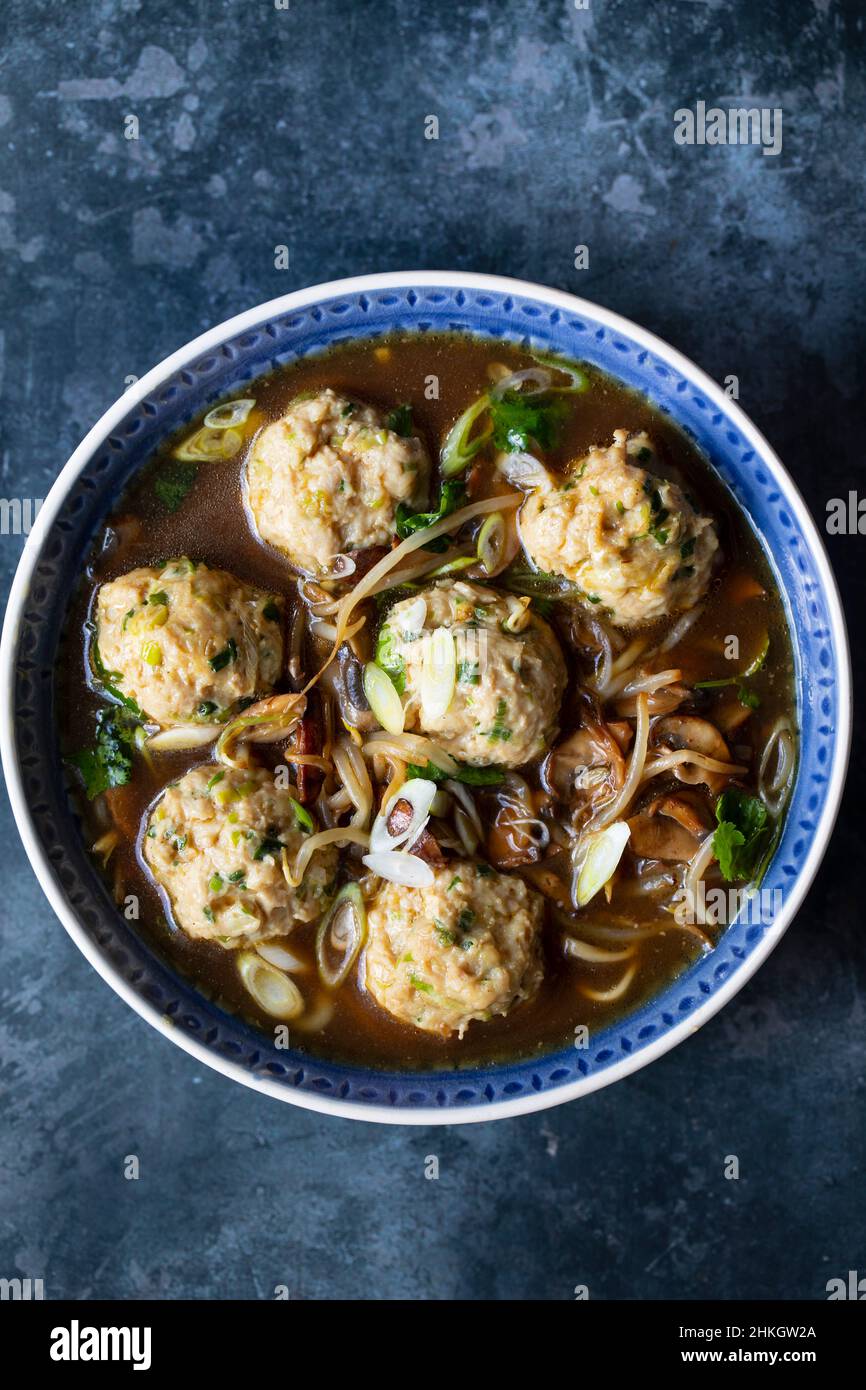 Brodo di anatra Hoisin con gnocchi di pollo Foto Stock