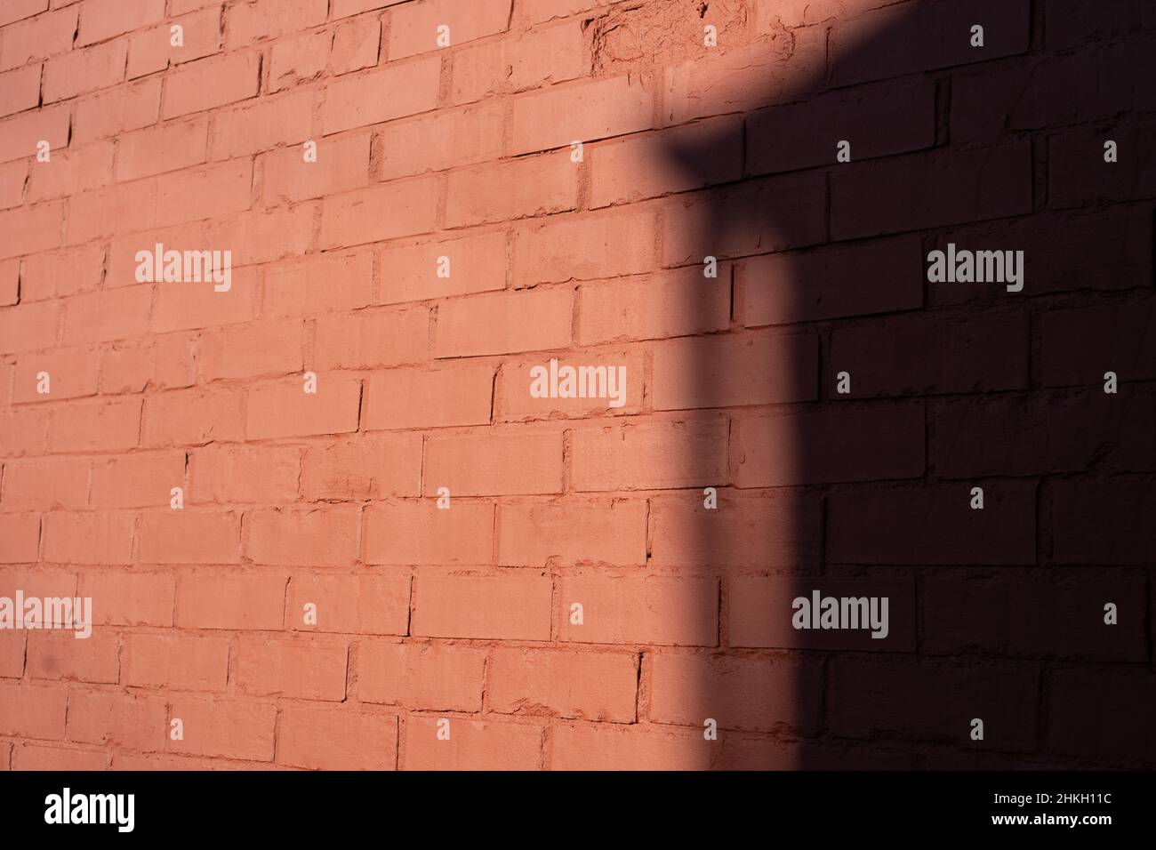 Un'ombra spettacolare su un muro di mattoni dipinti in terracotta. Concetto di architettura urbana o suburbana. Foto Stock