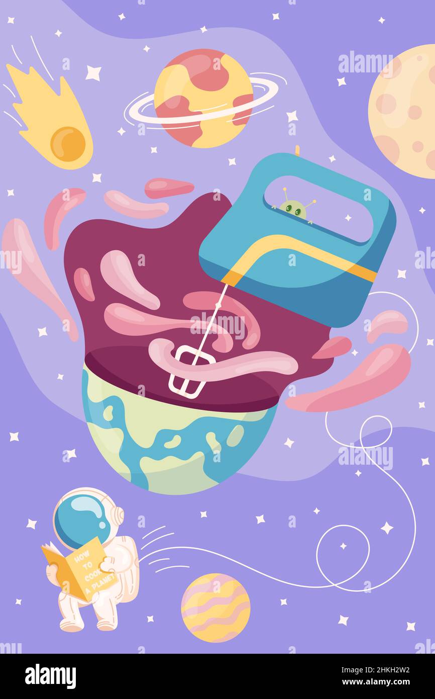 Spazio esterno poster di spazio profondo con stelle e astronauta lettura di un libro di cucina per fare un nuovo pianeta con lo spazio mixer in uno stile piatto. Illustrazione Vettoriale