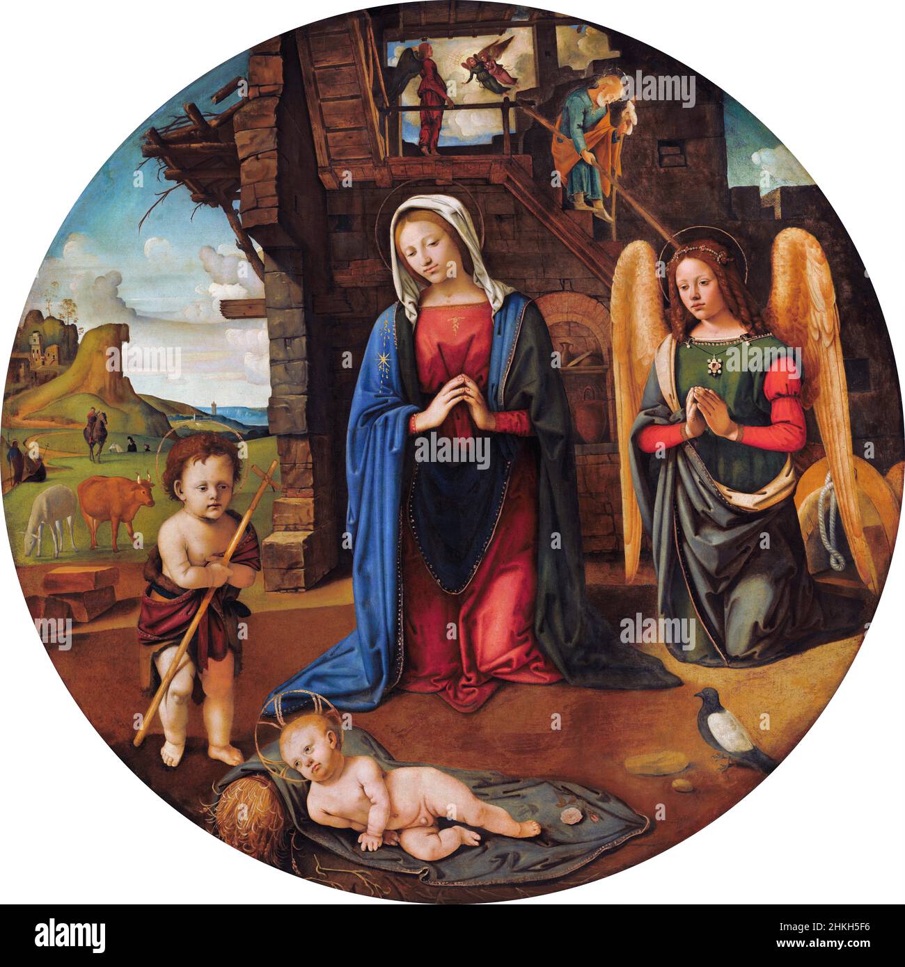 La Natività con il Bambino San Giovanni del pittore rinascimentale italiano Piero di Cosimo (1462-1522), olio su tela, c.. 1495-1505 Foto Stock