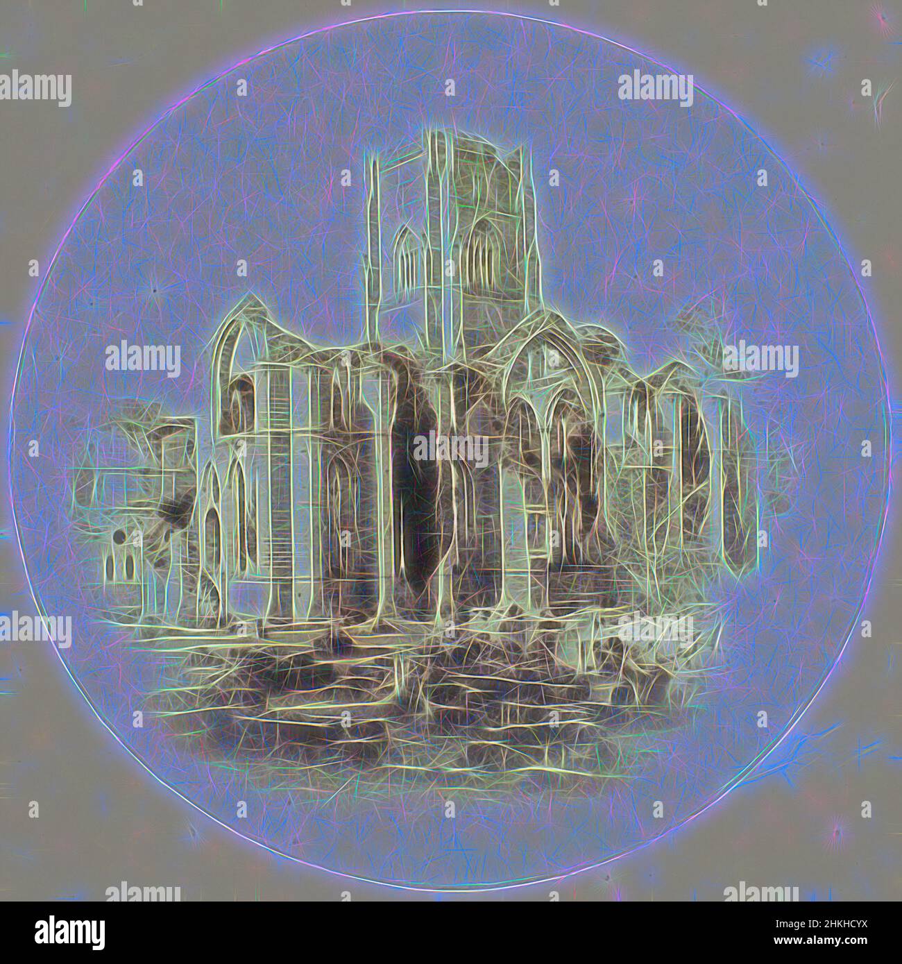 Ispirato dalla vista dell'Abbazia di Fountains vicino a Ripon, l'Abbazia di Fountains, dalla Casa dell'Abate, William Russell Sedgfield, Studley Royal Park, c.. 1857 - prima del 1862, carta, stampa albume, altezza 70 mm x larghezza 70 mm, reinventata da Artotop. L'arte classica reinventata con un tocco moderno. Design di calda e allegra luminosità e di raggi di luce. La fotografia si ispira al surrealismo e al futurismo, abbracciando l'energia dinamica della tecnologia moderna, del movimento, della velocità e rivoluzionando la cultura Foto Stock