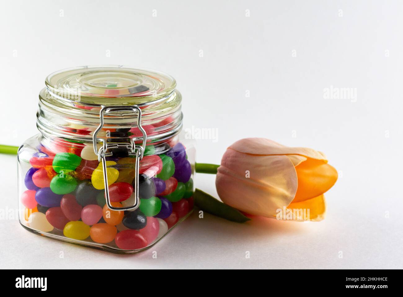 Vasetto di pappa assortita con tulipano su sfondo bianco. Foto Stock