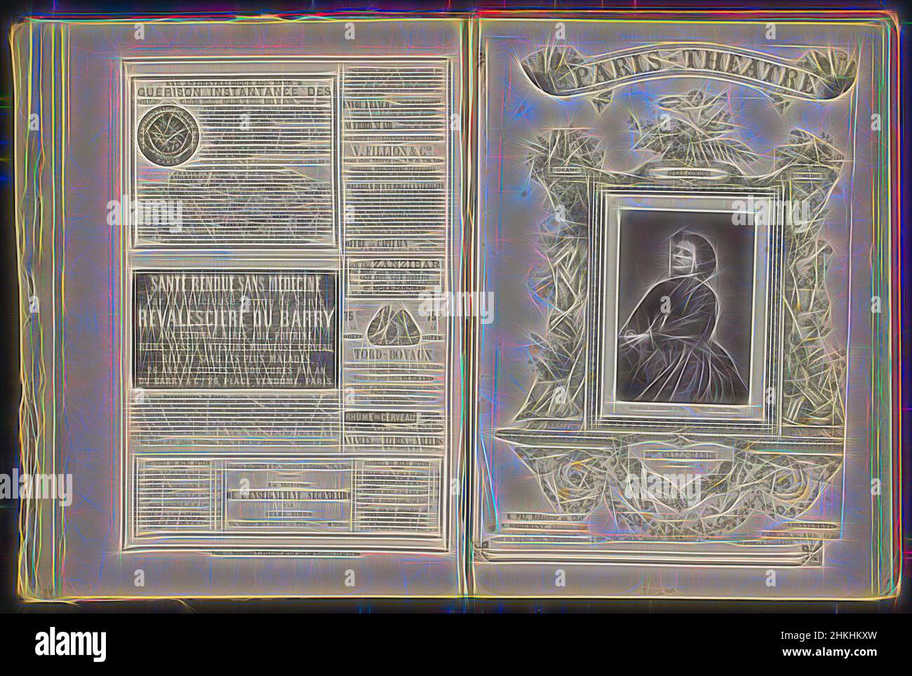 Ispirato dal Ritratto di Célestine Galli-MariéMme Galli-Marié, Pierre Petit, Lemercier & Cie, Francia, c.. 1869 - prima del 26-Feb-1874, carta, altezza 124 mm x larghezza 87 mm, reinventata da Artotop. L'arte classica reinventata con un tocco moderno. Design di calda e allegra luminosità e di raggi di luce. La fotografia si ispira al surrealismo e al futurismo, abbracciando l'energia dinamica della tecnologia moderna, del movimento, della velocità e rivoluzionando la cultura Foto Stock