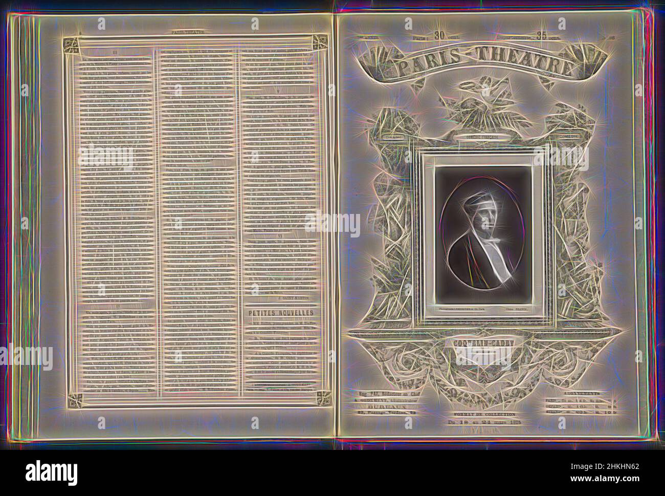 Ispirato da Ritratto di Alexandre Honoré Ernest Coquelin, Coquelin-Cadet, Franois Marie Louis Franck, Lemercier & Cie, Francia, Parisprint maker: Francia, stampante: Parigi, c. 1870 - prima del 18-Mar-1875, carta, altezza 122 mm x larghezza 85 mm, reinventata da Artotop. L'arte classica reinventata con un tocco moderno. Design di calda e allegra luminosità e di raggi di luce. La fotografia si ispira al surrealismo e al futurismo, abbracciando l'energia dinamica della tecnologia moderna, del movimento, della velocità e rivoluzionando la cultura Foto Stock
