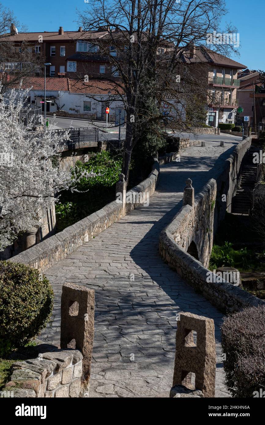 Puente Viejo o Puente de la Cañada Real, un vecchio ponte medievale recentemente restaurato. Foto Stock