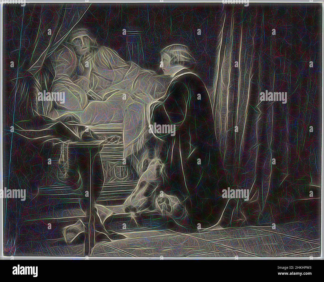 Ispirato dalla fotoreproduzione di una stampa dopo un dipinto di Edward V e Richard di Shrewsbury in preghiera da Paul Delaroche, Dernière prière des enfants d'Édouard, Robert Jefferson Bingham, Jules Francois, Parigi, c. 1853 - in o prima del 1858, carta, stampa albume, incisione, altezza 107 mm x larghezza 135, Reimagined by Artotop. L'arte classica reinventata con un tocco moderno. Design di calda e allegra luminosità e di raggi di luce. La fotografia si ispira al surrealismo e al futurismo, abbracciando l'energia dinamica della tecnologia moderna, del movimento, della velocità e rivoluzionando la cultura Foto Stock