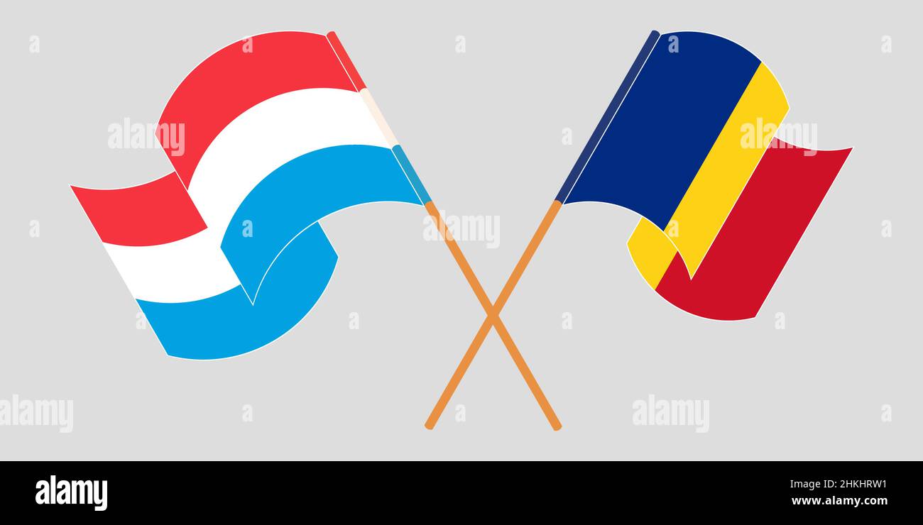 Bandiere incrociate e sventolanti di Lussemburgo e Romania. Illustrazione vettoriale Illustrazione Vettoriale