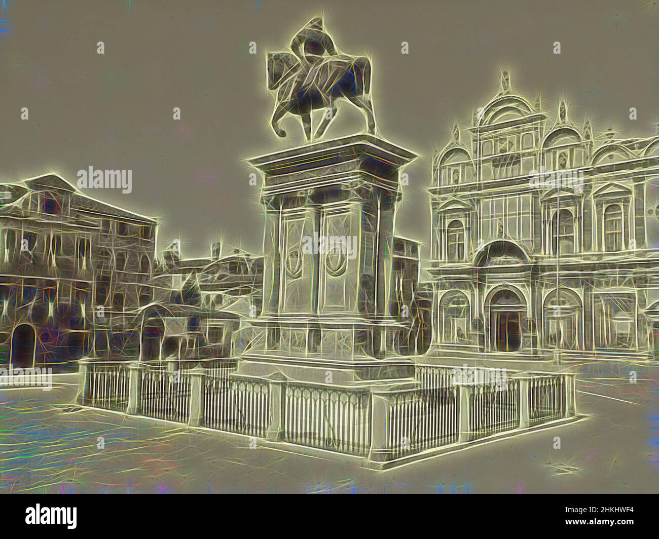 Ispirato alla statua equestre di Bartolomeo Colleoni a Venezia, Monumento a Bartolomeo Colleoni a SS. Giovanni e Paolo, Venezia, Carlo Naya, Andrea del Verrocchio, Venezia, 1876, carta, stampa albume, altezza 317 mm x larghezza 405 mm altezza 272 mm x larghezza 360 mm, reinventata da Artotop. L'arte classica reinventata con un tocco moderno. Design di calda e allegra luminosità e di raggi di luce. La fotografia si ispira al surrealismo e al futurismo, abbracciando l'energia dinamica della tecnologia moderna, del movimento, della velocità e rivoluzionando la cultura Foto Stock