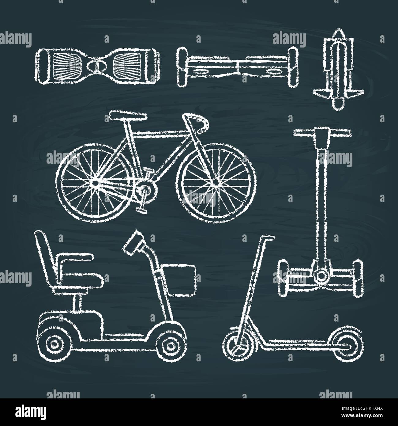 Raccolta di schizzi di gesso di diversi scooter e bicicletta su lavagna Illustrazione Vettoriale