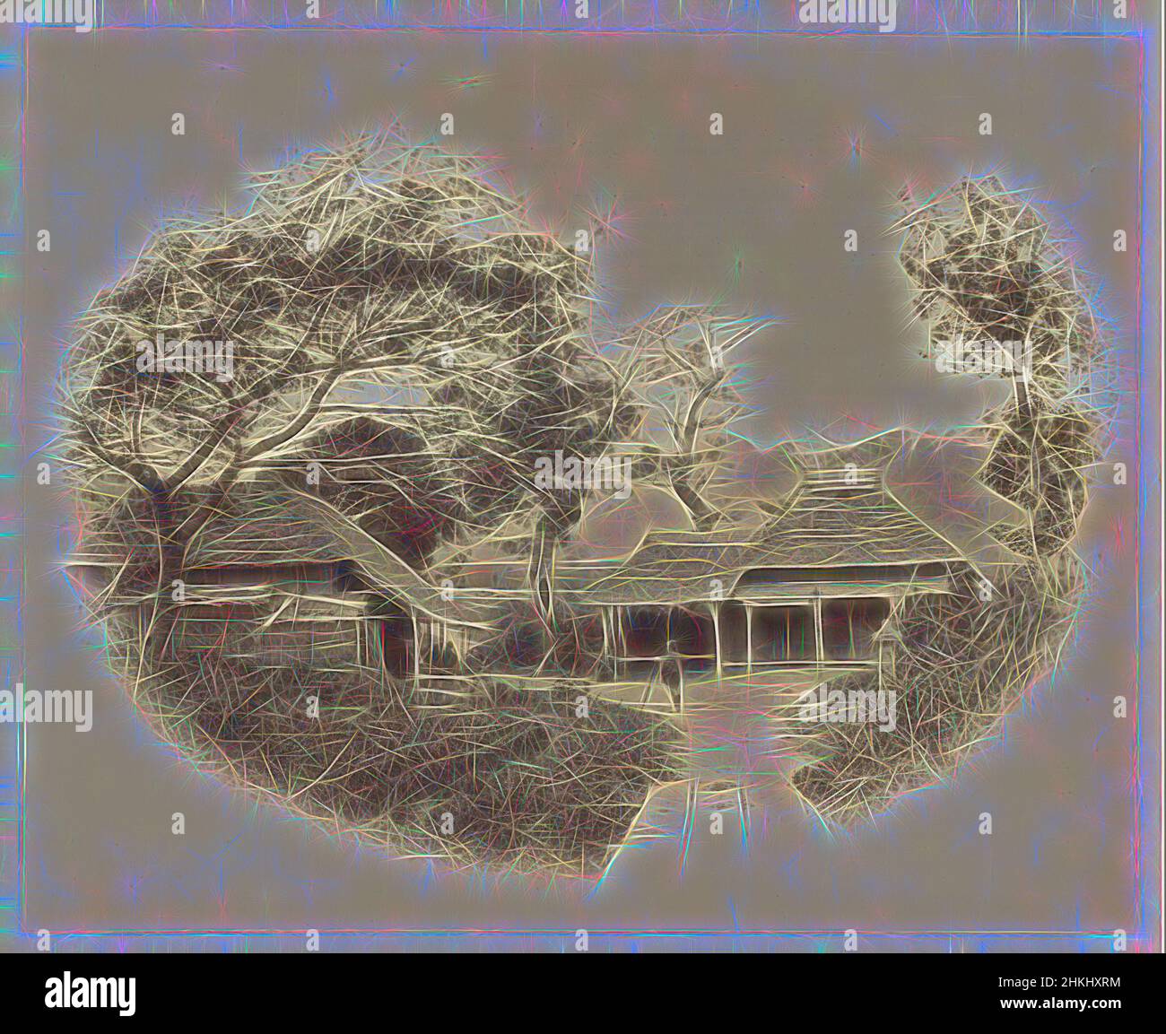 Ispirata dalla vista del villaggio vicino a Kamakura, la vista vicino a Kamakura dove Baldwin maggiore e lieut. Gli uccelli sono stati assassinati, Felice Beato, Kanagawa, 1864, carta, Stampa albume, altezza 232 mm x larghezza 288 mm, reinventata da Artotop. L'arte classica reinventata con un tocco moderno. Design di calda e allegra luminosità e di raggi di luce. La fotografia si ispira al surrealismo e al futurismo, abbracciando l'energia dinamica della tecnologia moderna, del movimento, della velocità e rivoluzionando la cultura Foto Stock