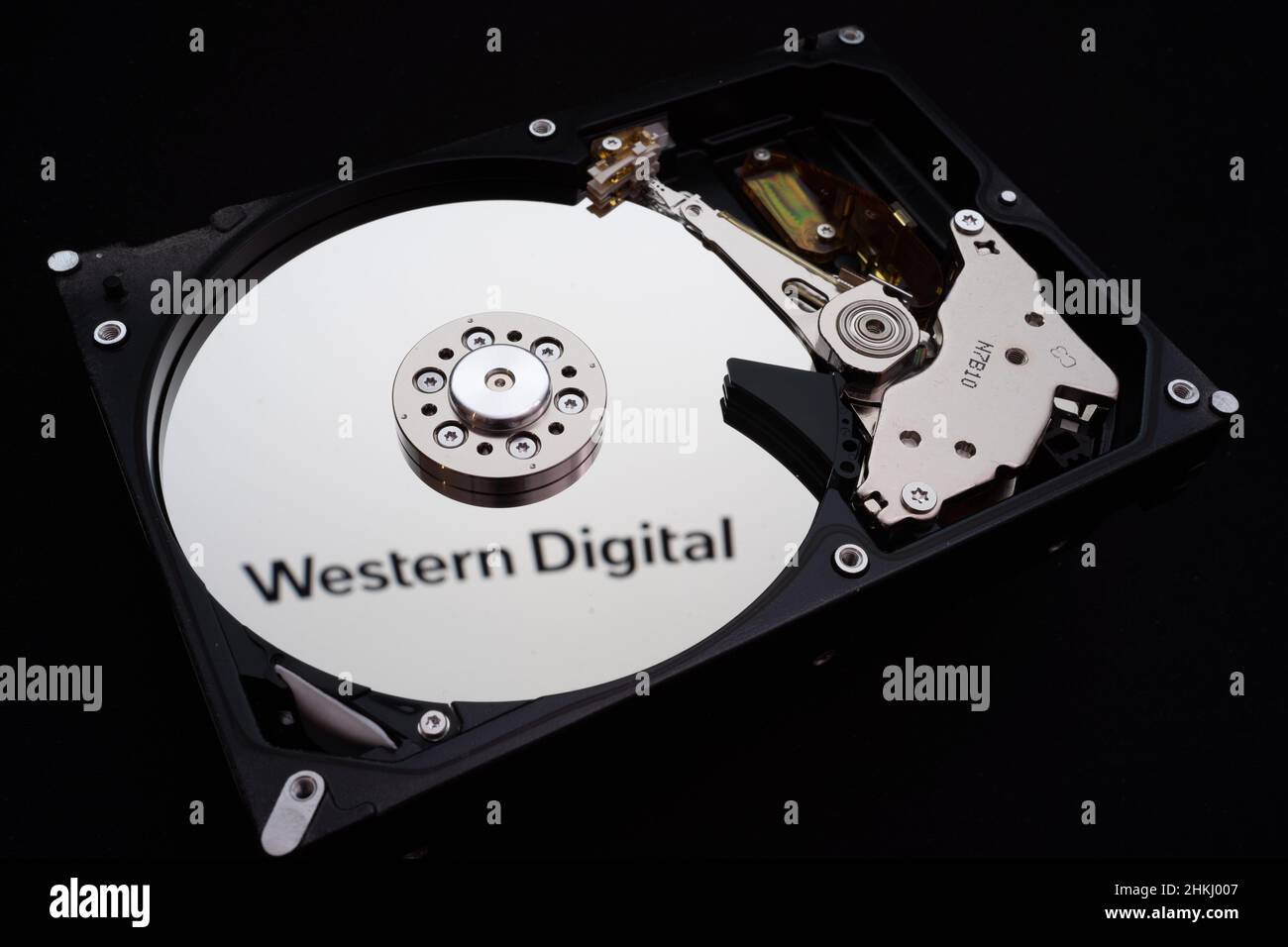 Logo Western Digital riportato su un disco rigido smontato Foto Stock