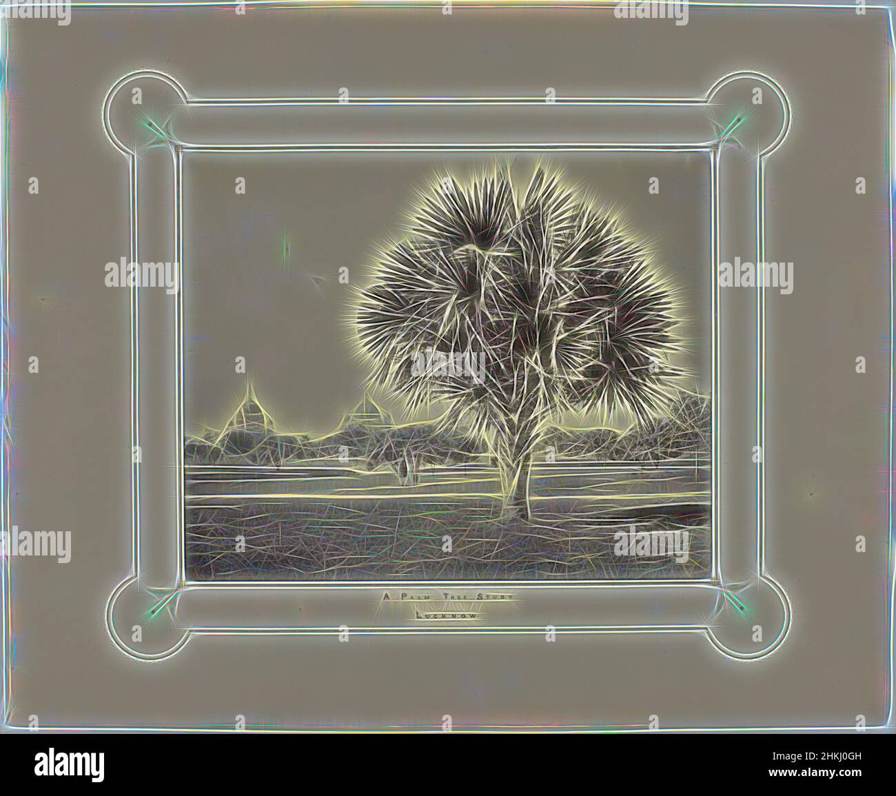 Ispirato da albero di palma in Lucknow, Uno studio di albero di palma, Lucknow, Samuel Bourne (firmato dall'artista), Lucknow, 1864 - 1866, carta, stampa albume, Altezza 234 mm x larghezza 288 mm altezza 393 mm x larghezza 480 mm, Reimagined by Artotop. L'arte classica reinventata con un tocco moderno. Design di calda e allegra luminosità e di raggi di luce. La fotografia si ispira al surrealismo e al futurismo, abbracciando l'energia dinamica della tecnologia moderna, del movimento, della velocità e rivoluzionando la cultura Foto Stock