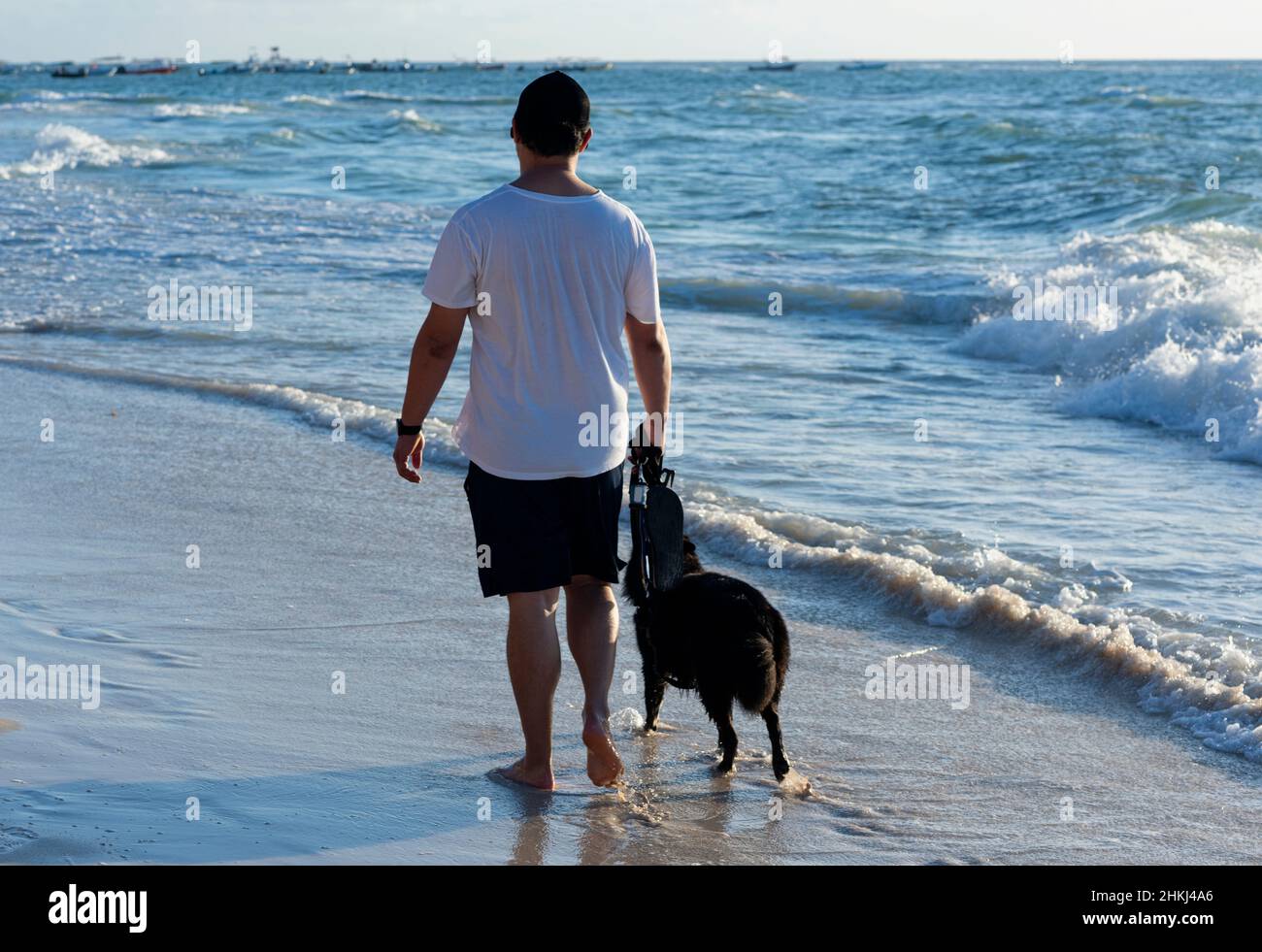 Un uomo messicano cammina con il suo cane sulla riva di una spiaggia della Riviera Maya in Messico. Immagine vista posteriore. Sullo sfondo il Mar dei Caraibi e le barche ormeggiate. Foto Stock