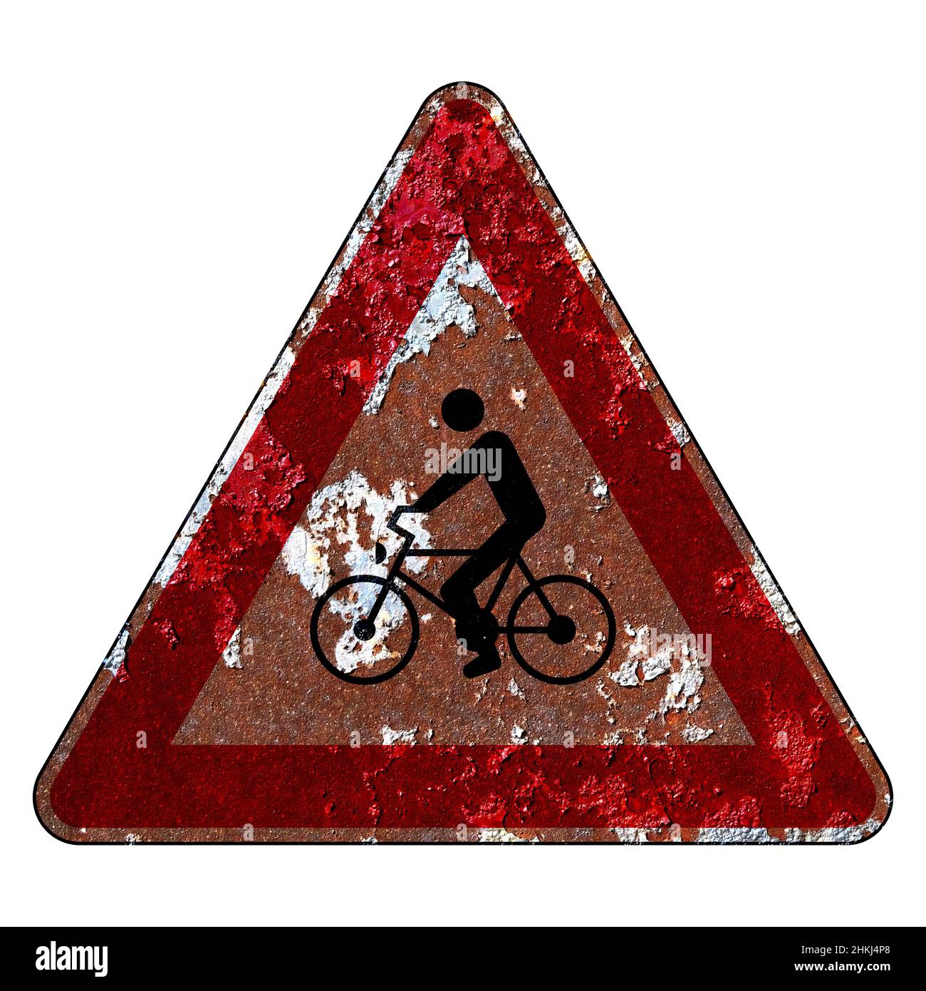 Old grunge EU Road sign segnale di avvertimento - ciclista sulla strada Foto Stock