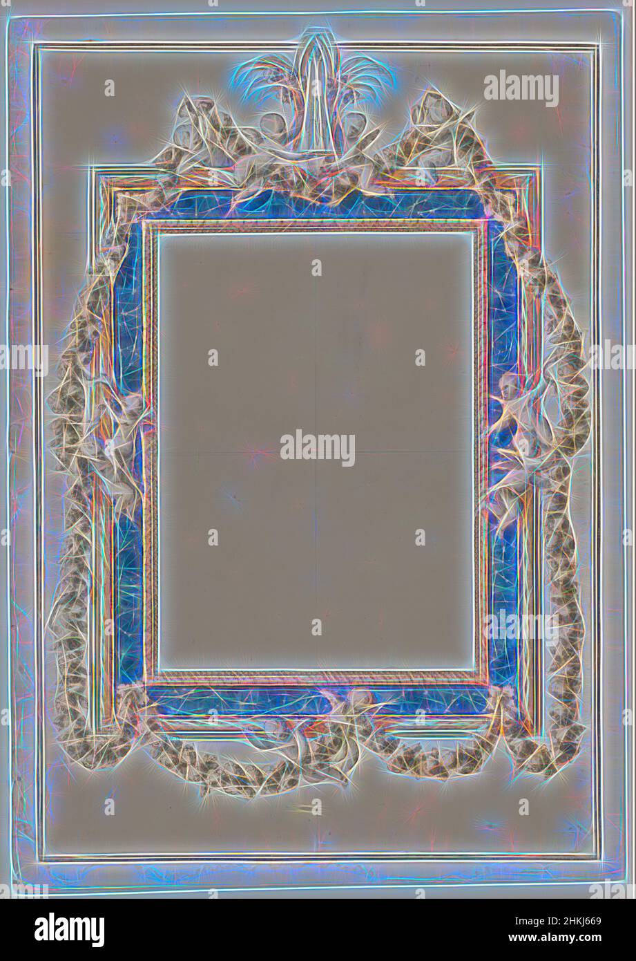 Ispirato al Design per una cornice con reliquiario, disegnatore: Luigi Valadier (laboratorio di), Roma, c.. 1775, carta, inchiostro, spazzola, altezza 728 mm x larghezza 493 mm, reinventata da Artotop. L'arte classica reinventata con un tocco moderno. Design di calda e allegra luminosità e di raggi di luce. La fotografia si ispira al surrealismo e al futurismo, abbracciando l'energia dinamica della tecnologia moderna, del movimento, della velocità e rivoluzionando la cultura Foto Stock