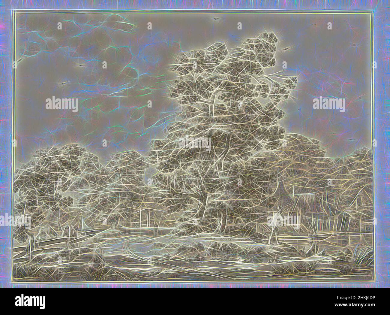 Ispirato da Landscape con due pescatori sulla destra, disegnatore: Jan Bruyn, 1779, carta, inchiostro, Penna, spazzola, altezza 215 mm x larghezza 288 mm, reinventata da Artotop. L'arte classica reinventata con un tocco moderno. Design di calda e allegra luminosità e di raggi di luce. La fotografia si ispira al surrealismo e al futurismo, abbracciando l'energia dinamica della tecnologia moderna, del movimento, della velocità e rivoluzionando la cultura Foto Stock