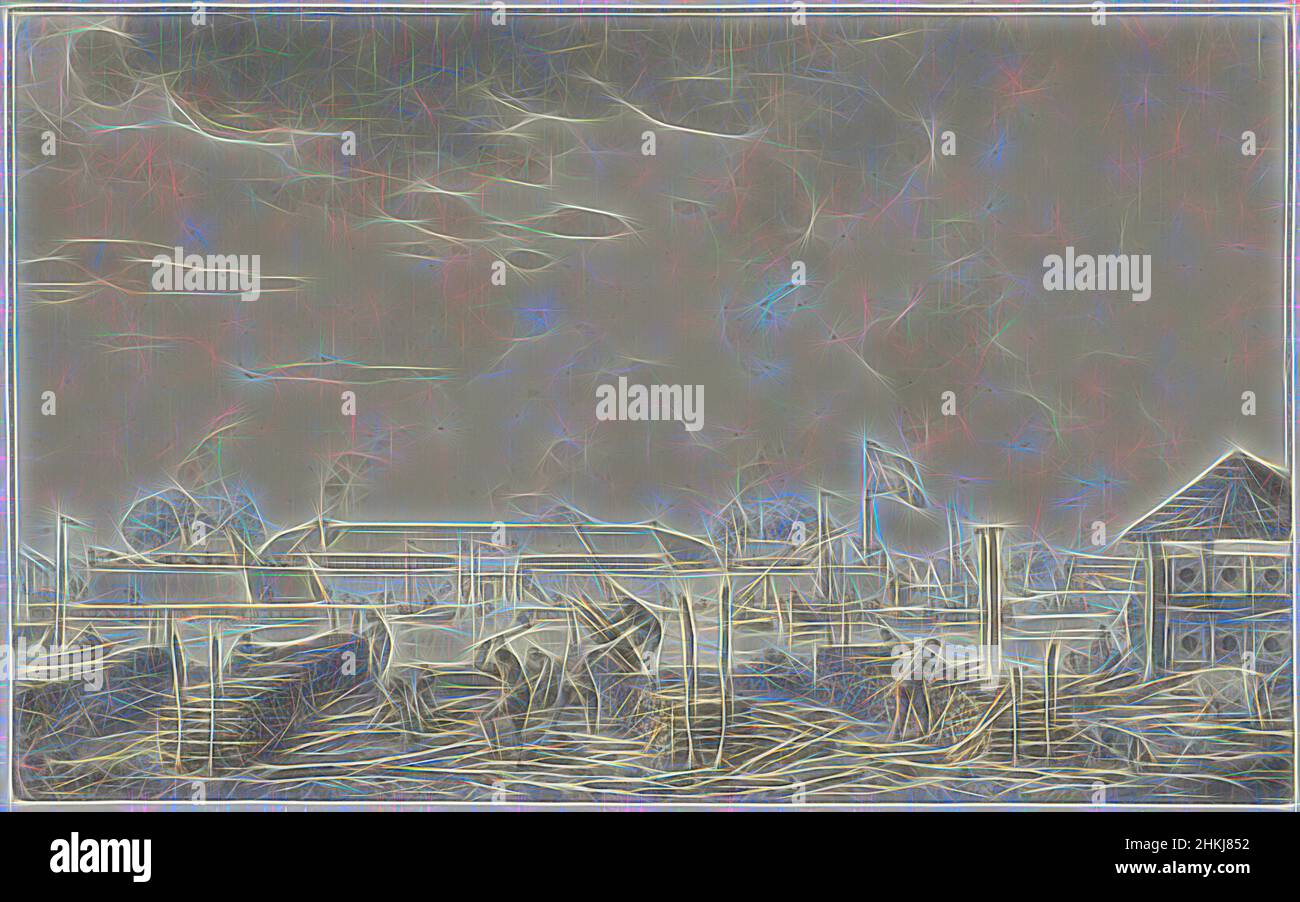 Ispirato dal castello di Batavia, visto dal Houtkrap, disegnatore: Hendrik Kobell, 1761 - 1779, carta, gesso, Penna, spazzola, altezza 179 mm x larghezza 288 mm, reinventata da Artotop. L'arte classica reinventata con un tocco moderno. Design di calda e allegra luminosità e di raggi di luce. La fotografia si ispira al surrealismo e al futurismo, abbracciando l'energia dinamica della tecnologia moderna, del movimento, della velocità e rivoluzionando la cultura Foto Stock