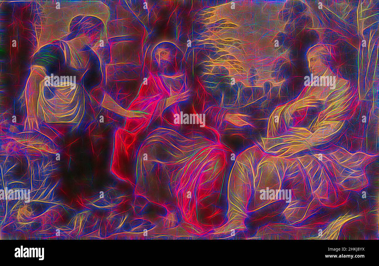 Ispirato da Cristo con Marta e Maria, Cristo con Marta e Maria. A sinistra, Martha è in cucina ad un tavolo che prepara il cibo, sul tavolo c'è un pesce, sul pavimento più pesce, una lepre, uccelli, un cavolfiore e un carciofo. A destra, Maria siede con un libro aperto in grembo. Cristo è seduto, riimmaginato da Artotop. L'arte classica reinventata con un tocco moderno. Design di calda e allegra luminosità e di raggi di luce. La fotografia si ispira al surrealismo e al futurismo, abbracciando l'energia dinamica della tecnologia moderna, del movimento, della velocità e rivoluzionando la cultura Foto Stock