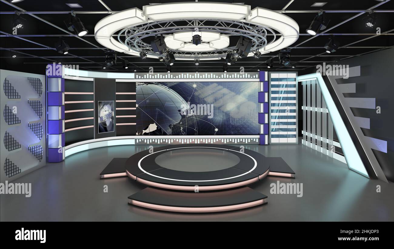 Set Studio TV virtuale. Sfondo verde dello schermo. 3D rendering Foto Stock