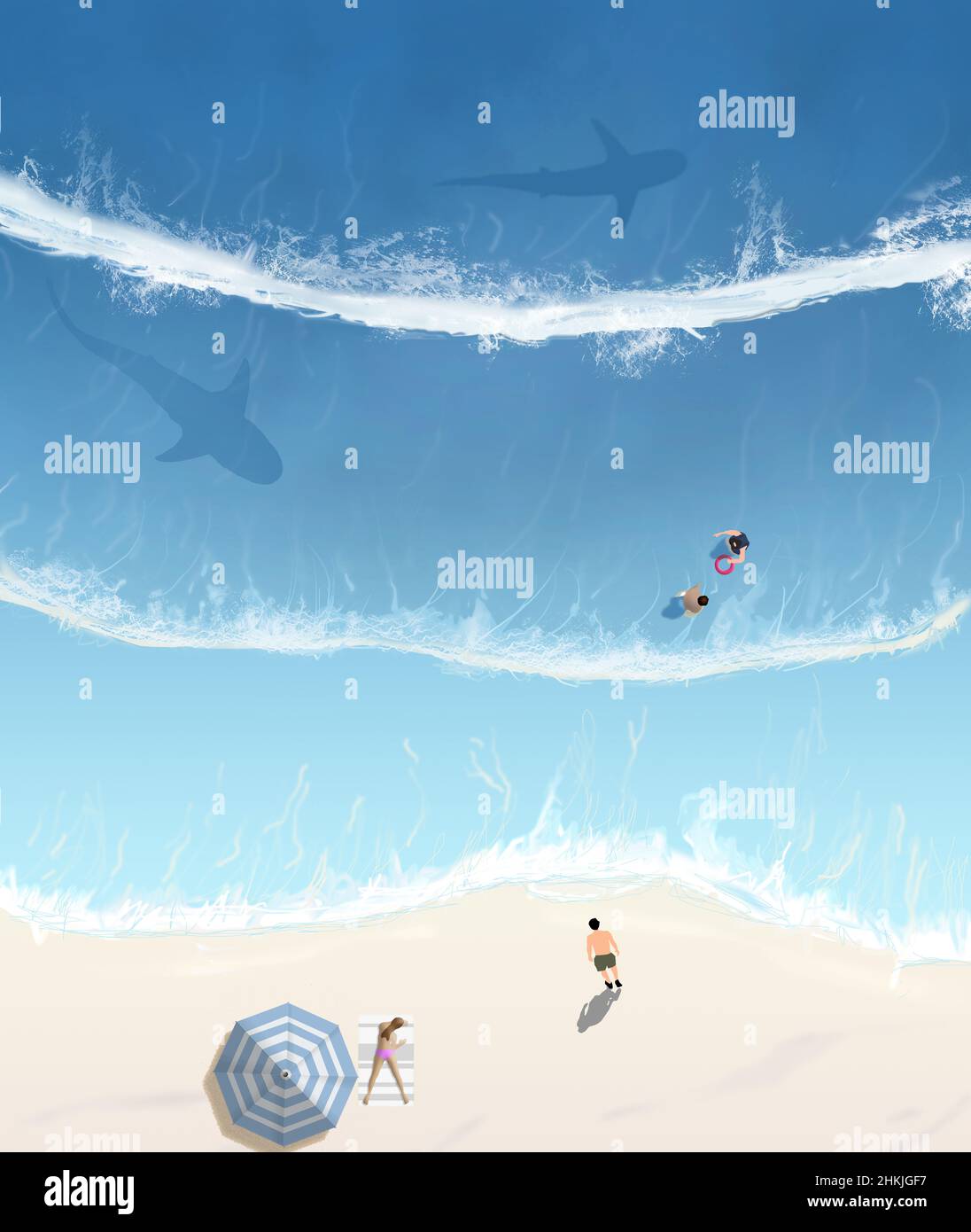 Un uomo si erge su una spiaggia come uno squalo toro e uno squalo scogliera che nuotano in questa illustrazione di 3-d sui pericoli del nuoto nell'oceano. Spazio per le copie disponibile Foto Stock