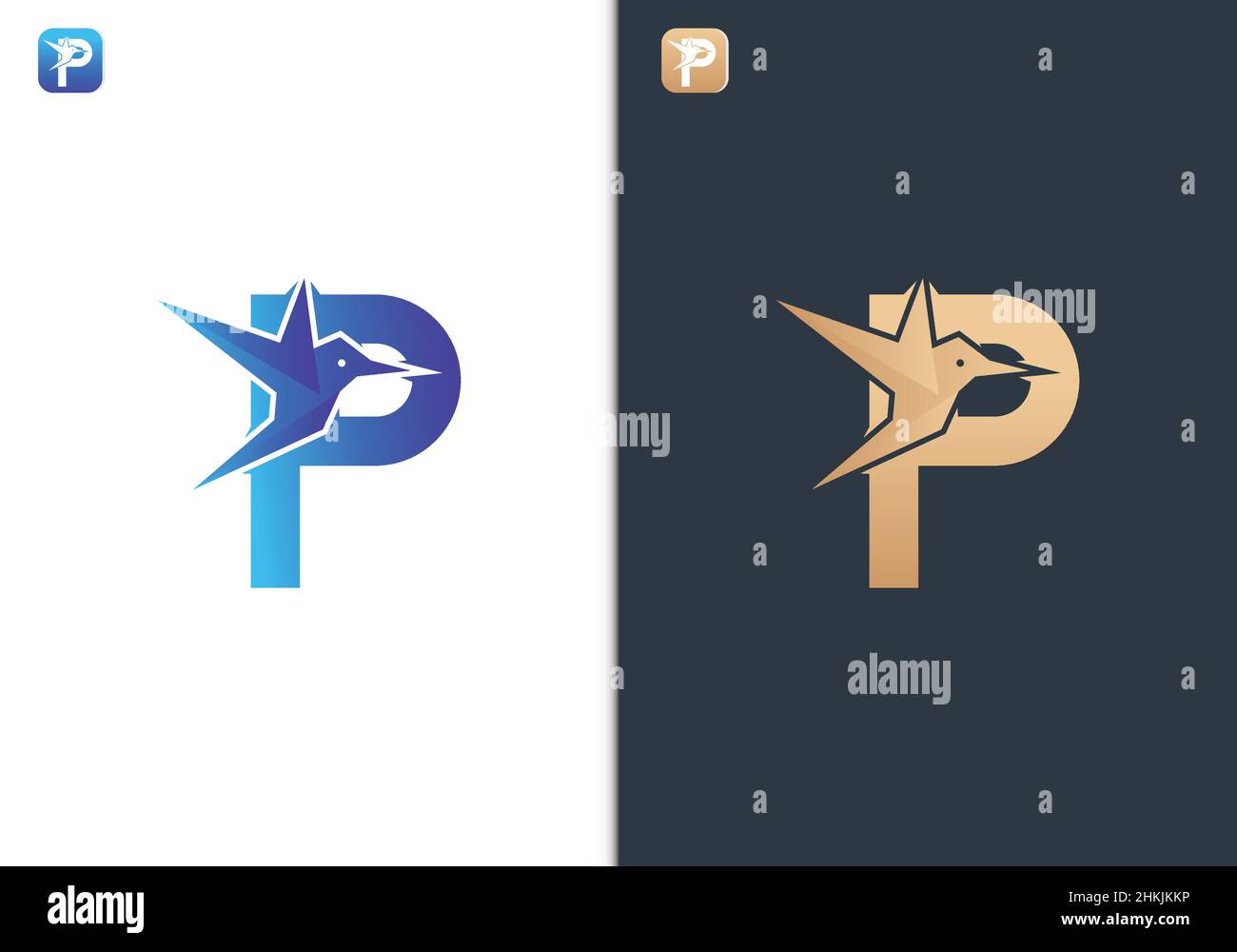 Modello di disegno del logo di lettera P Bird per gli affari di corsa, giro, libertà e pace Illustrazione Vettoriale