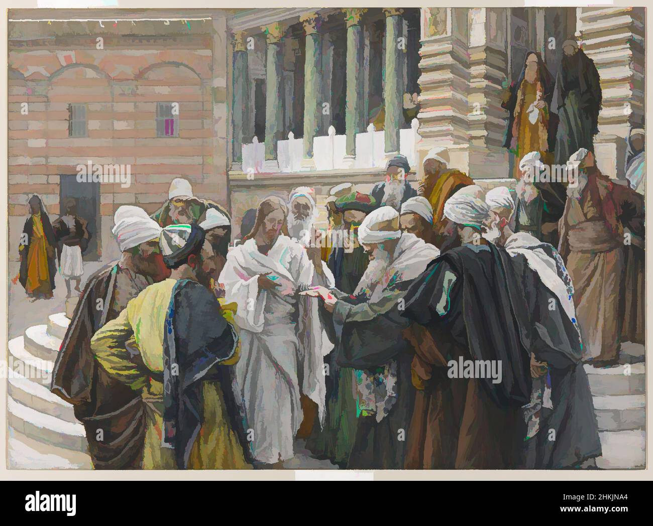 Arte ispirata al Tributo Money, le denier de César, la vita di nostro Signore Gesù Cristo, la vie de Notre-Seigneur Jésus-Christ, James Tissot, francese, 1836-1902, acquerello opaco su grafite su carta grigia di coltre, Francia, 1886-1894, immagine: 7 5/8 x 10 7/16 pollici, 19,4 x 26,5 cm, 19th, opere classiche modernizzate da Artotop con un tocco di modernità. Forme, colore e valore, impatto visivo accattivante sulle emozioni artistiche attraverso la libertà delle opere d'arte in modo contemporaneo. Un messaggio senza tempo che persegue una nuova direzione selvaggiamente creativa. Artisti che si rivolgono al supporto digitale e creano l'NFT Artotop Foto Stock