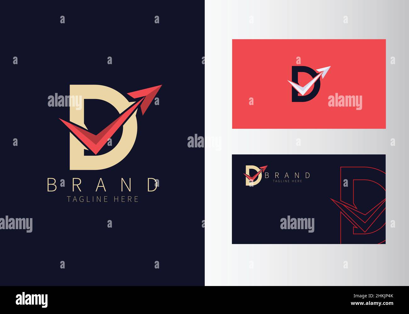 Logo di viaggio lettera D iniziale astratto. Illustrazione vettoriale del disegno colore oro con freccia rossa. Utilizzabile per logo aziendali e di branding. Appartamento di lusso Illustrazione Vettoriale