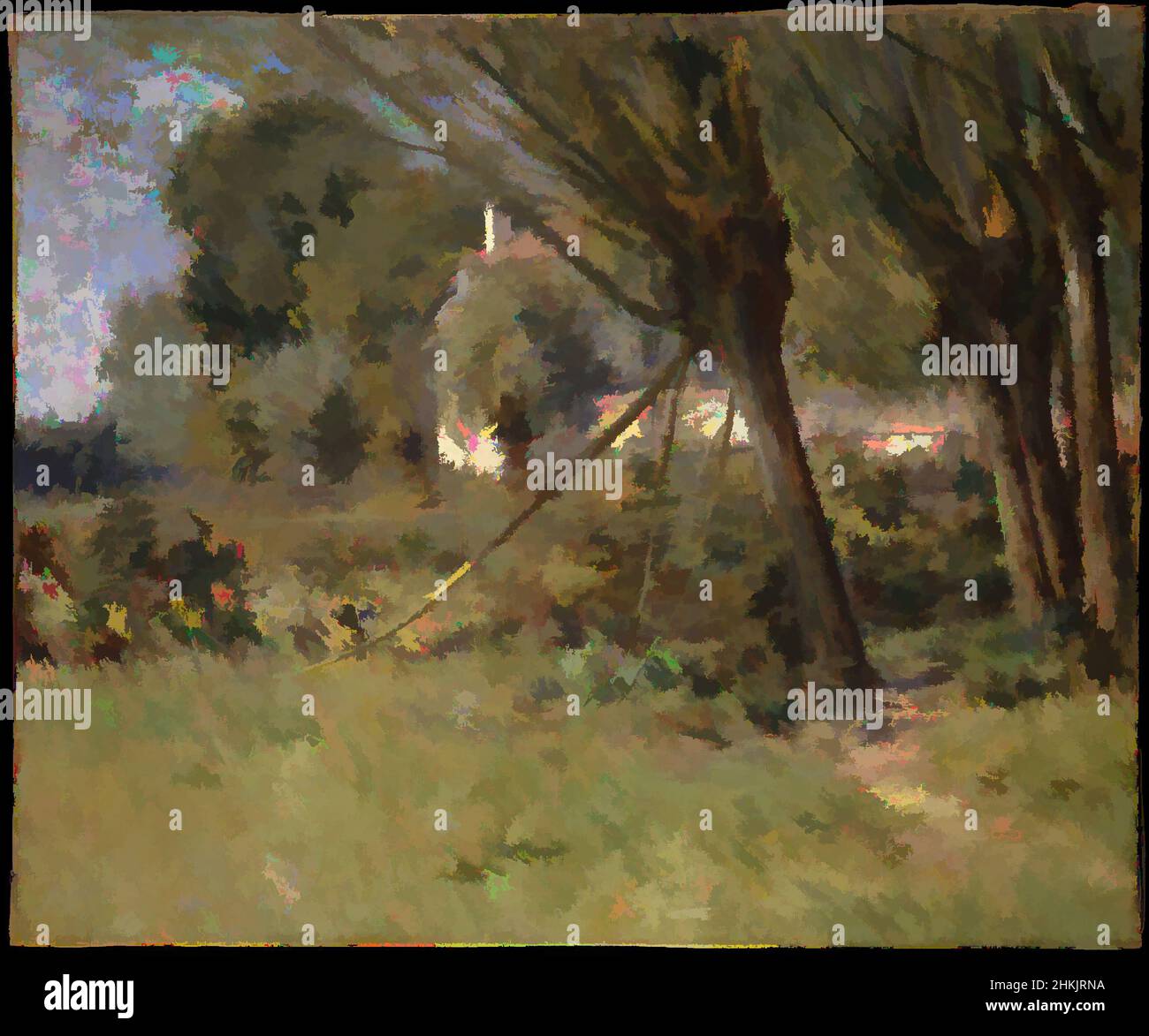 Arte ispirata da Willows, Theodore Robinson, americano, 1852-1896, olio su tela, circa 1892, 17 15/16 x 21 11/16 pollici, 45,6 x 55,1 cm, pittura americana, erba, paesaggio, natura, All'aperto, pittura, pollard, albero, alberi, Opere classiche modernizzate da Artotop con un tocco di modernità. Forme, colore e valore, impatto visivo accattivante sulle emozioni artistiche attraverso la libertà delle opere d'arte in modo contemporaneo. Un messaggio senza tempo che persegue una nuova direzione selvaggiamente creativa. Artisti che si rivolgono al supporto digitale e creano l'NFT Artotop Foto Stock