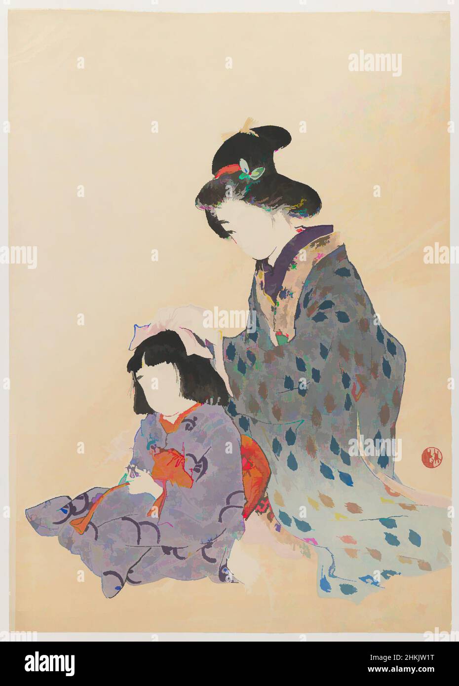 Art Inspired by Woman Fixing Girl's Hair, Odake Chikuha, 1878-1936, Woodblock print, Japan, 1900, periodo Meiji, 12 1/8 x 8 5/8 pollici, 30,8 x 21,9 cm, infanzia, capelli, madre e bambino, madre e figlia, Opere classiche modernizzate da Artotop con un tocco di modernità. Forme, colore e valore, impatto visivo accattivante sulle emozioni artistiche attraverso la libertà delle opere d'arte in modo contemporaneo. Un messaggio senza tempo che persegue una nuova direzione selvaggiamente creativa. Artisti che si rivolgono al supporto digitale e creano l'NFT Artotop Foto Stock